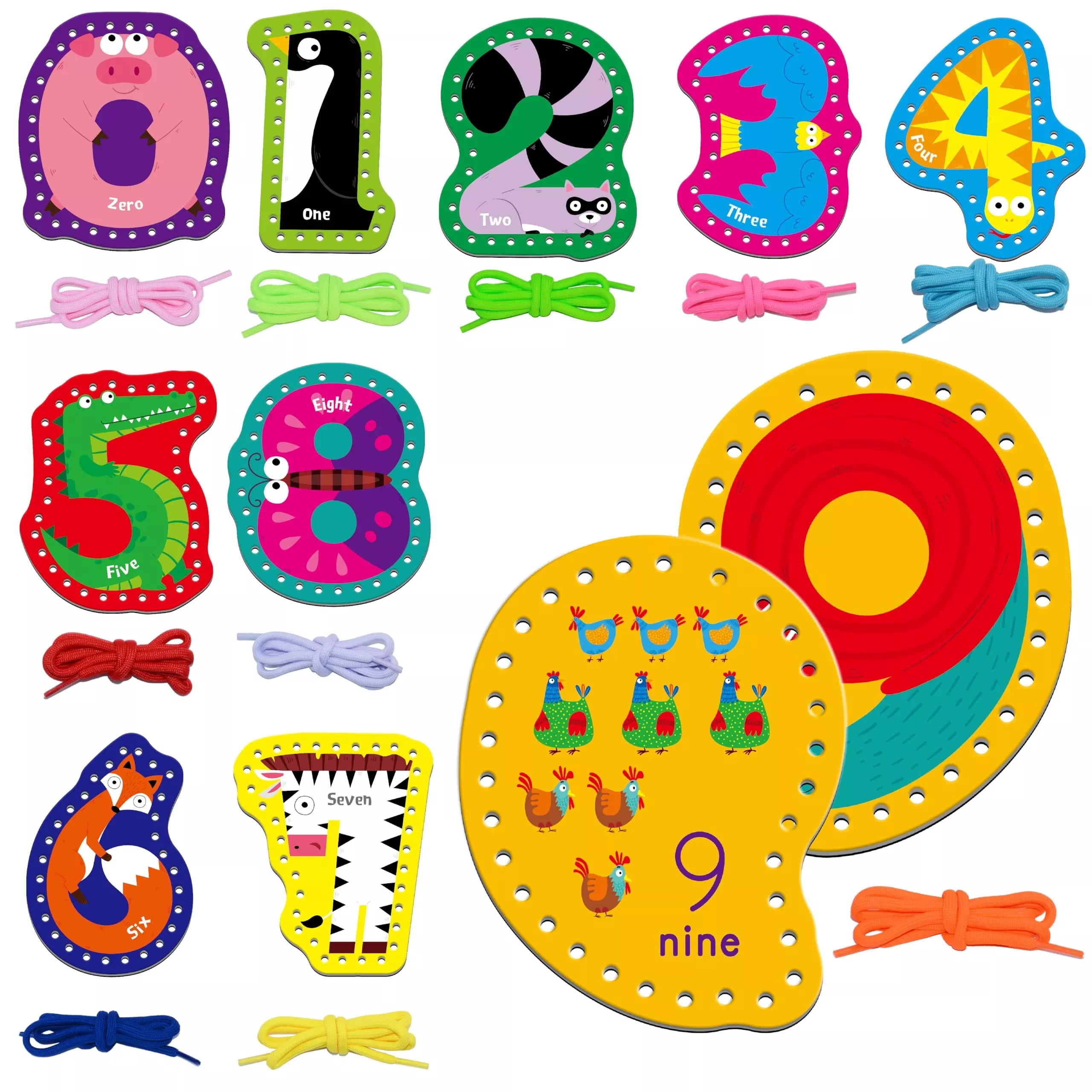 10 Pieces Number Lacing Cards, 0-9 Double Sided Sewing Cards With 10 C