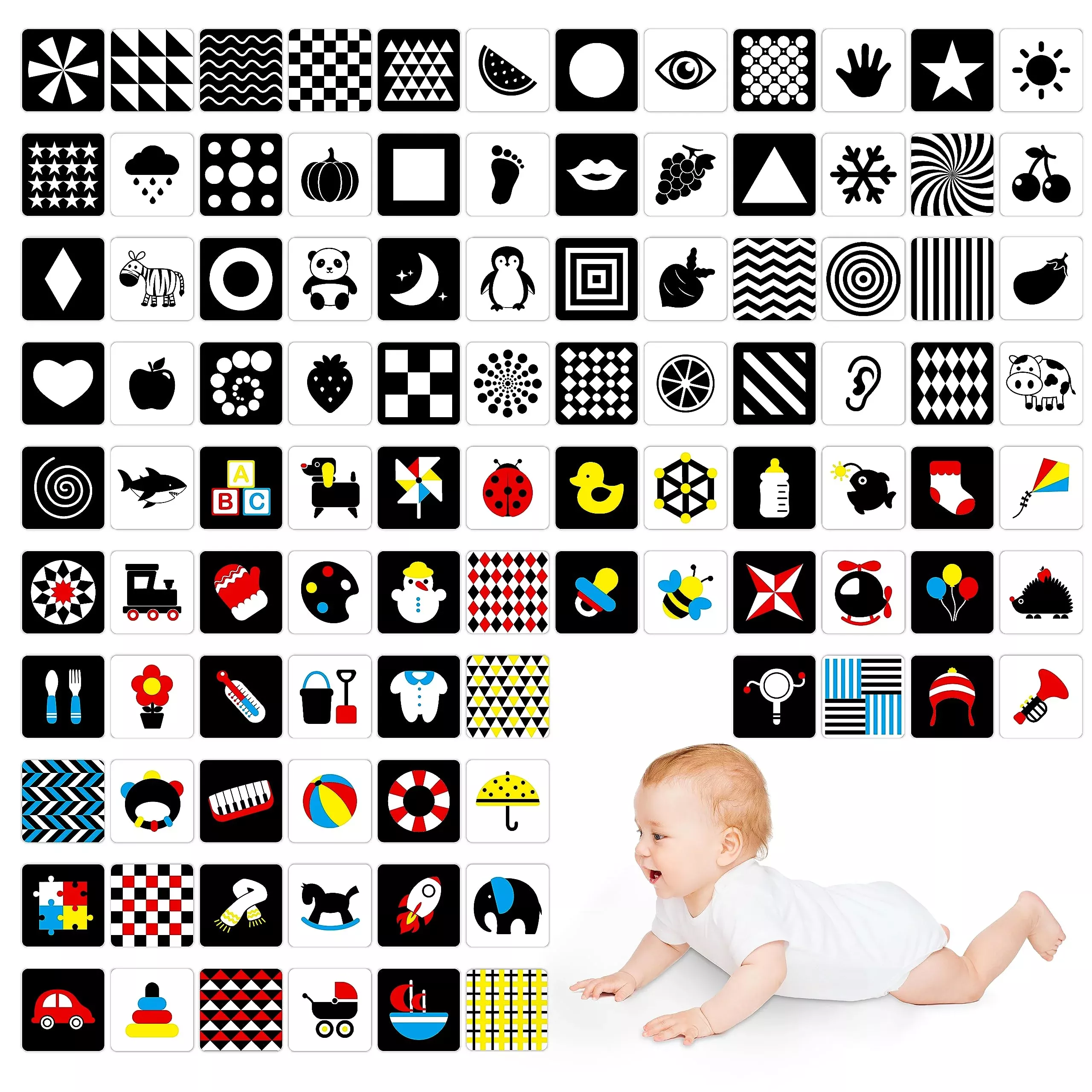 100 Pages Black White Colorful Baby Visual Stimulus Flashcard, 50 Pcs