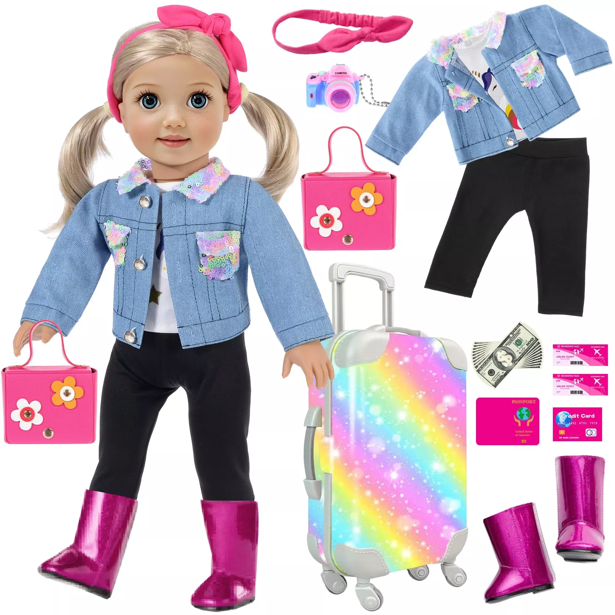 18 Inch Girl Doll Clothes And Accessories Case Luggage Travel Play Set