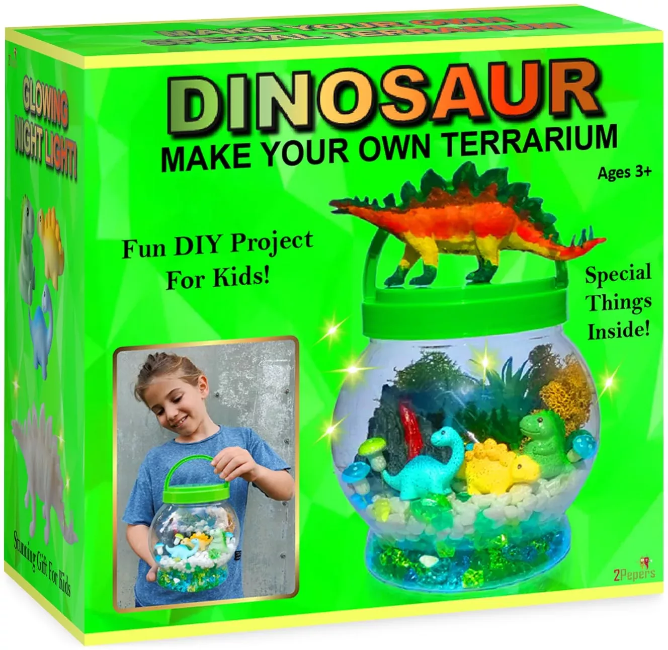 2Pepers DIY Dinosaur Nightlight Terrarium Kit for Boys, Green, Ages 3-