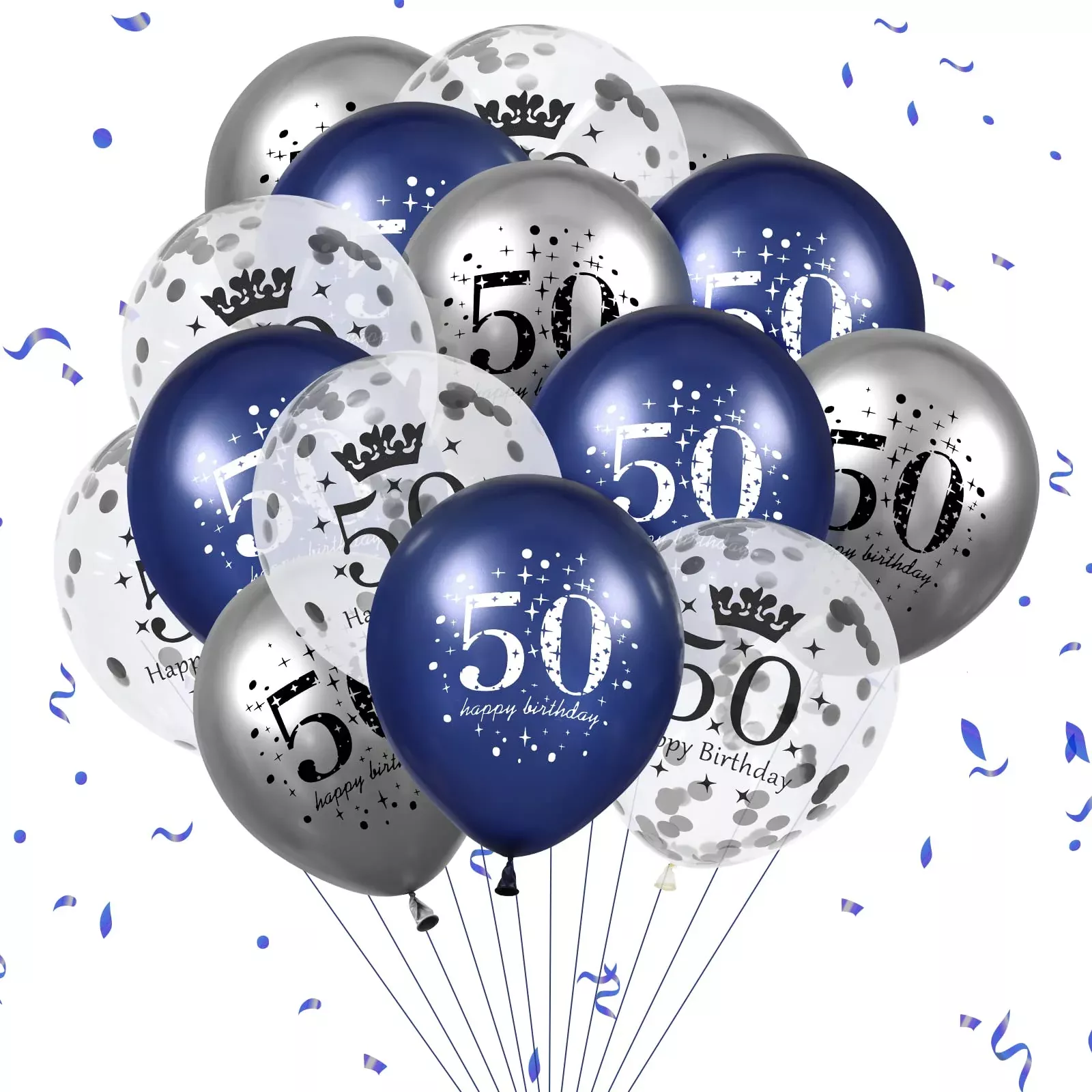 50Th Blue Birthday Balloons Decorations, 15Pcs Navy Blue Silver 50Th B