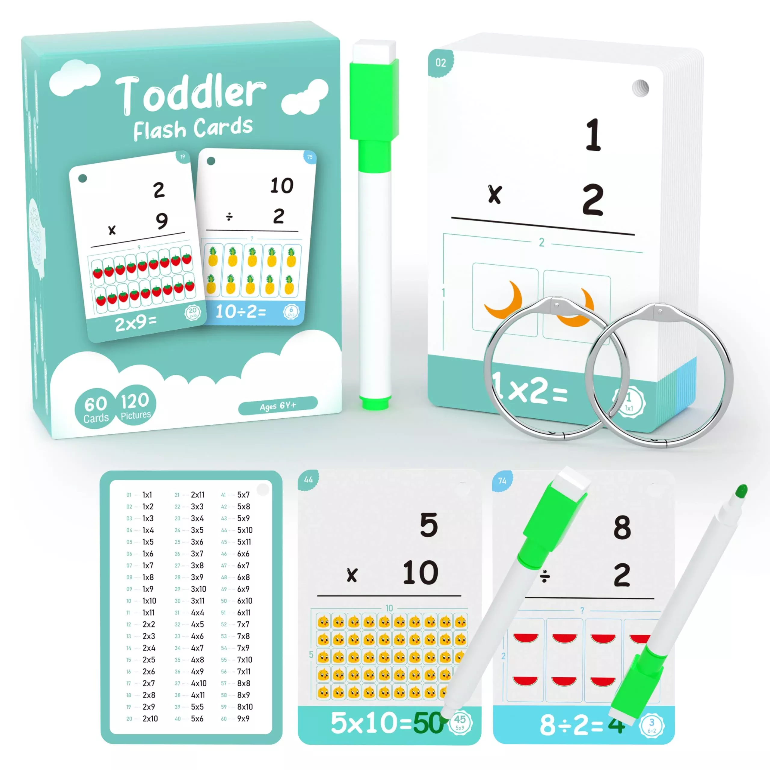 60 Cards, 120 Pictures Educational Math Flash Cards, Multiplication Fl