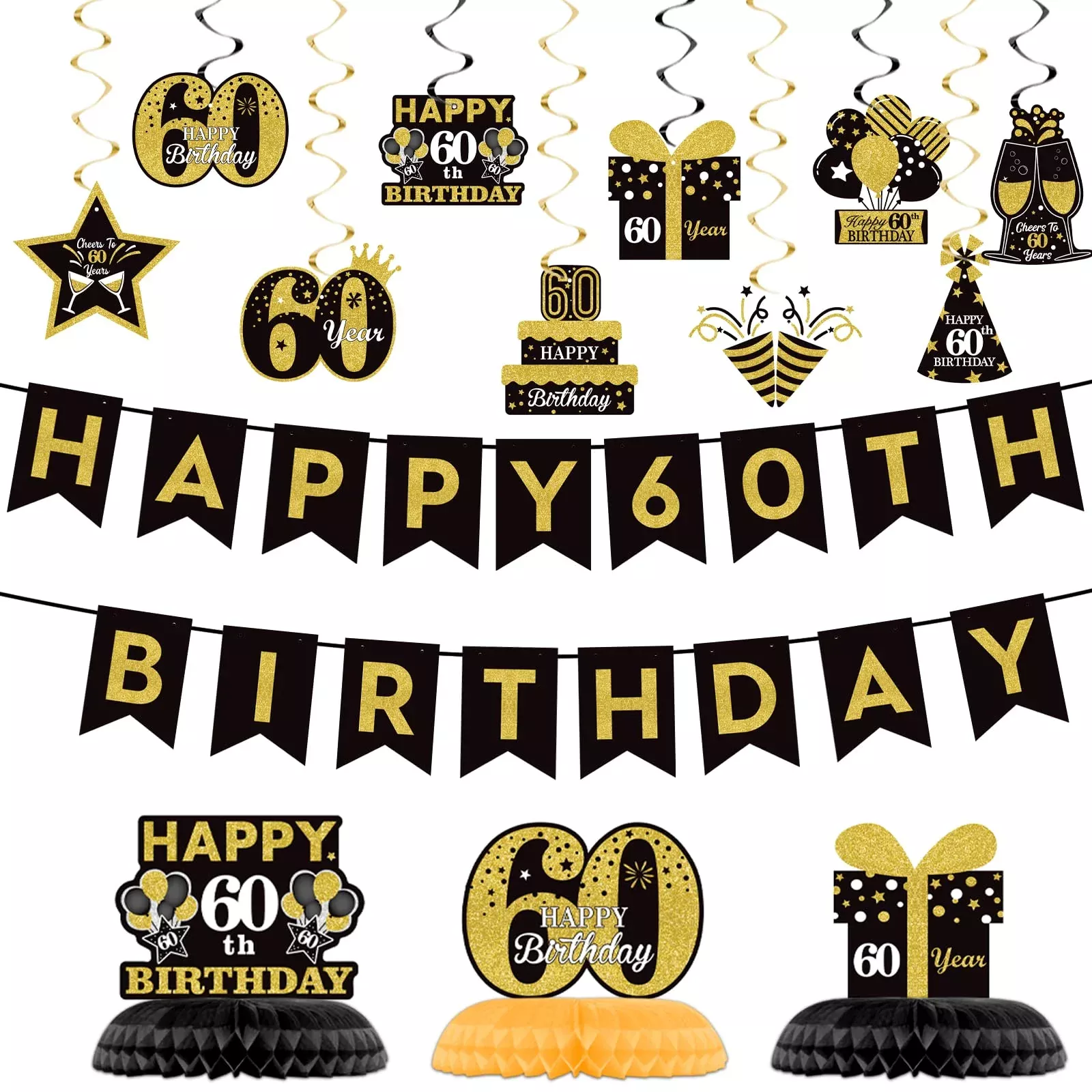60Th Glitter Black Gold Birthday Banner Party Decorations, Happy 60Th