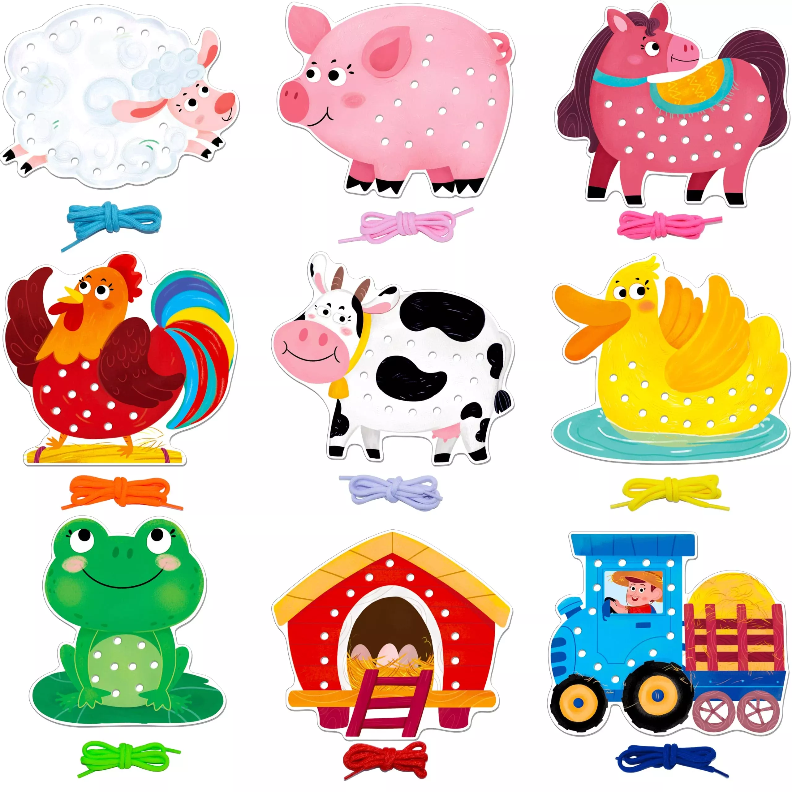 9 Pcs Farm Theme Lacing Cards, 9 Double Sided Sewing Cards With 9 Colo