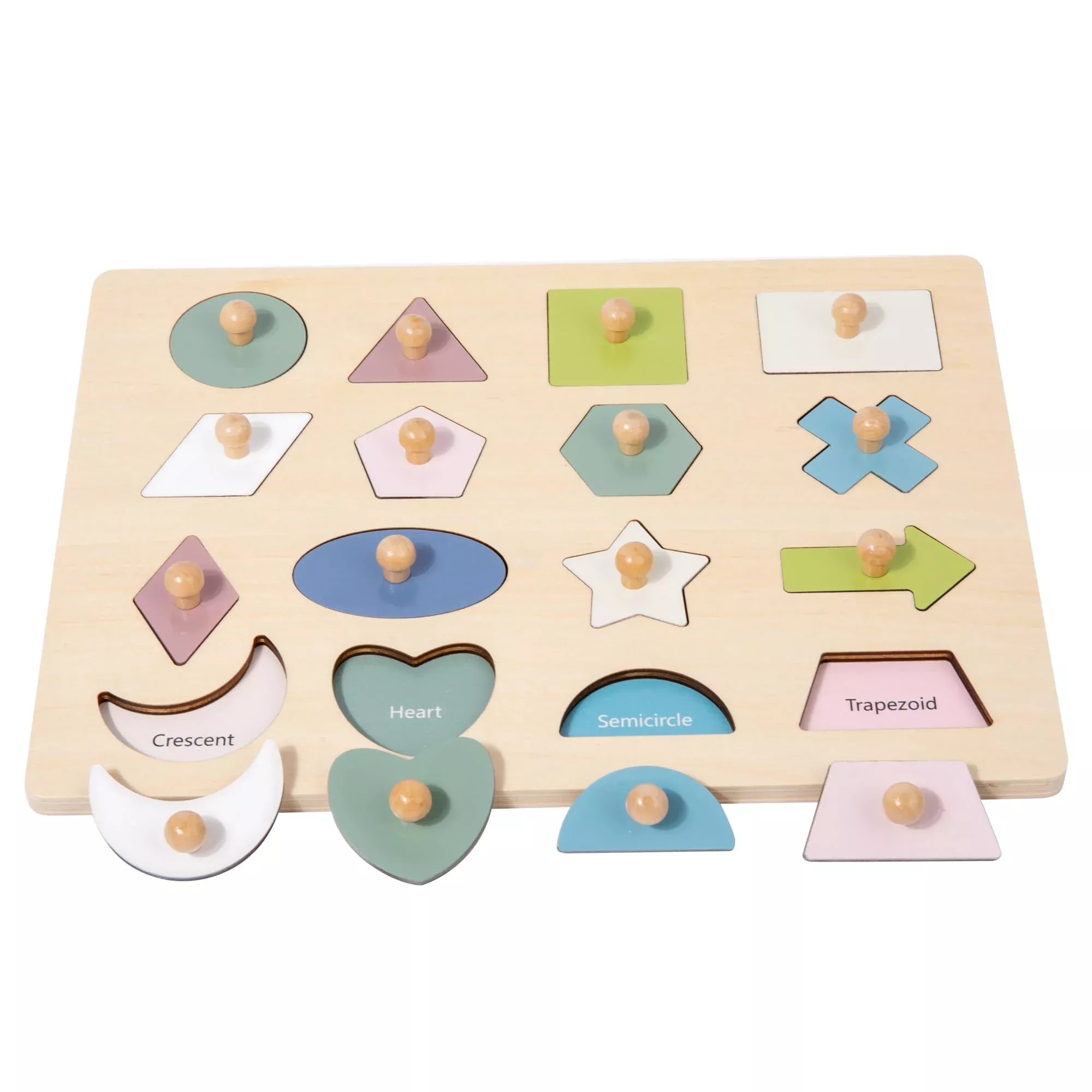Adena Montessori Wooden Shape Peg Puzzles, Multicolor, 16 Shapes, 30
