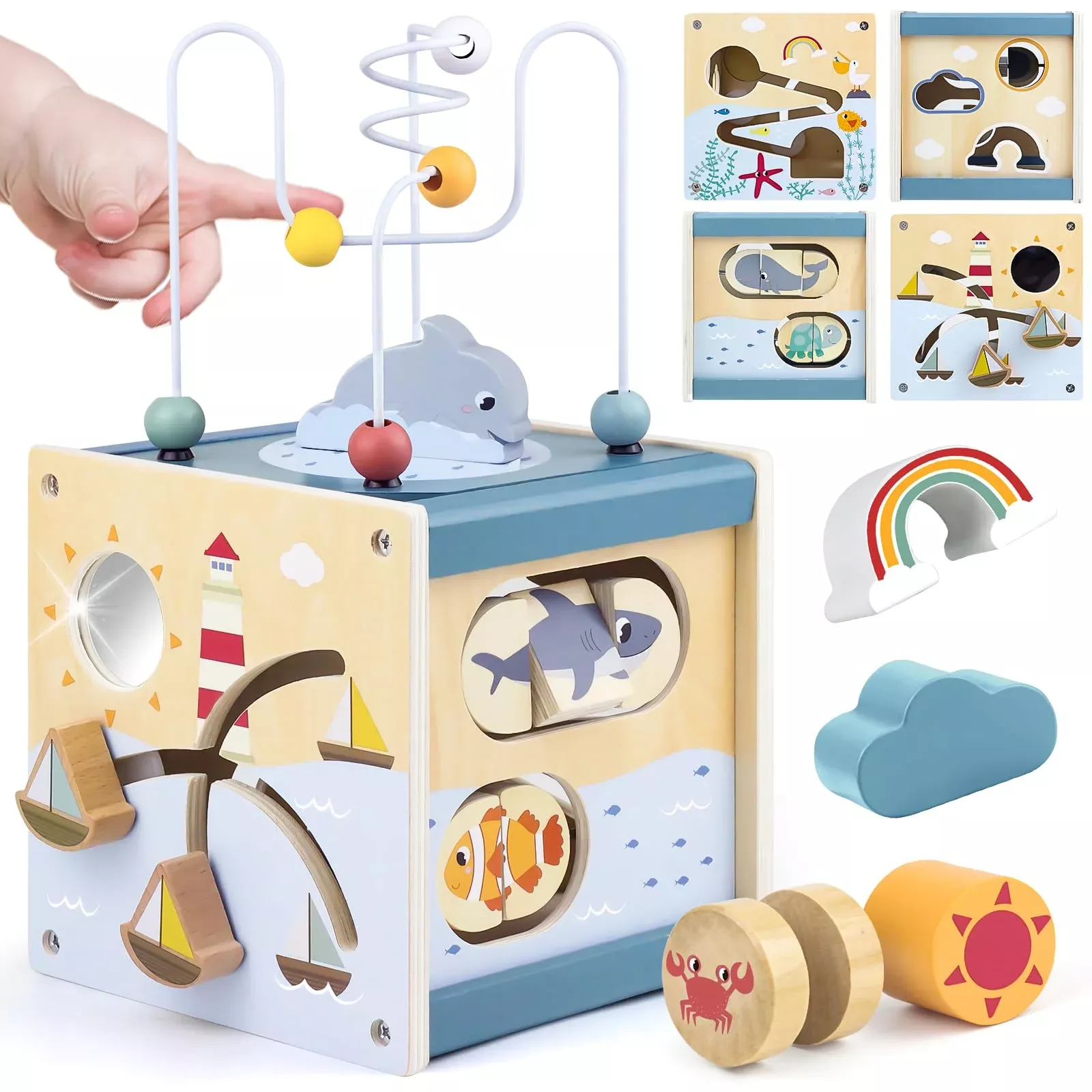 Airlab Wooden Activity Cube Montessori Toy for Toddlers, Blue, Medium