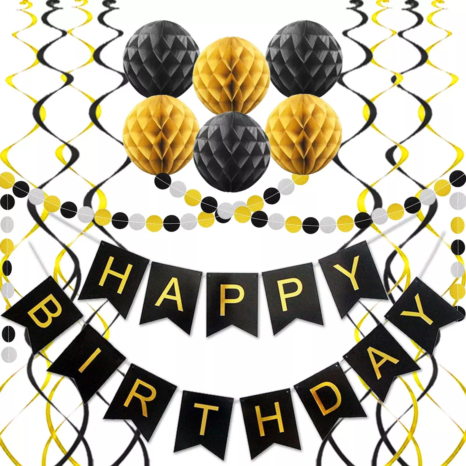 ALLFUN Happy Birthday Banner Set Black and Gold 10ft 13ft Garland