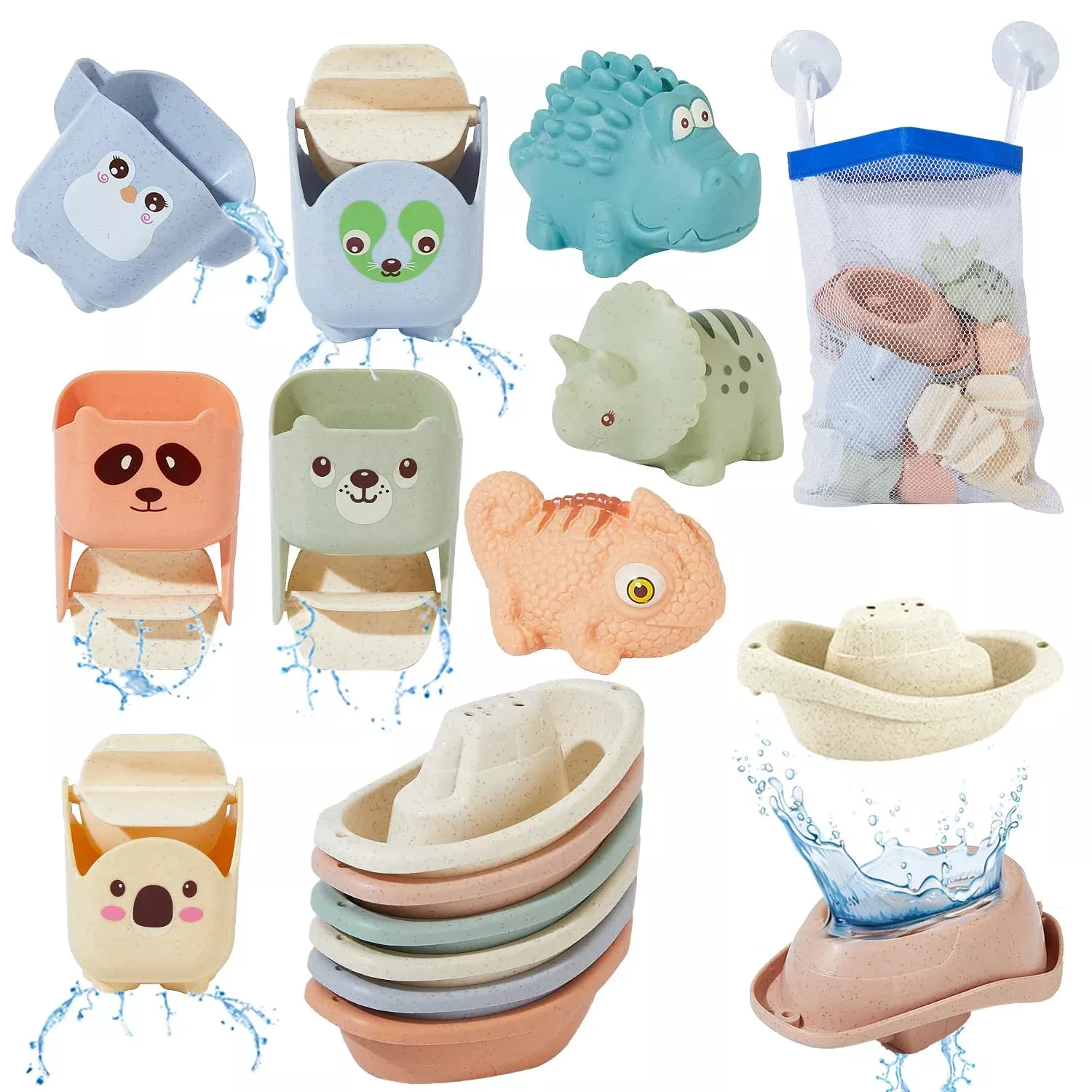AMCHSURI Bath Toy Set for Toddlers, 14PCS Multicolor Cups &