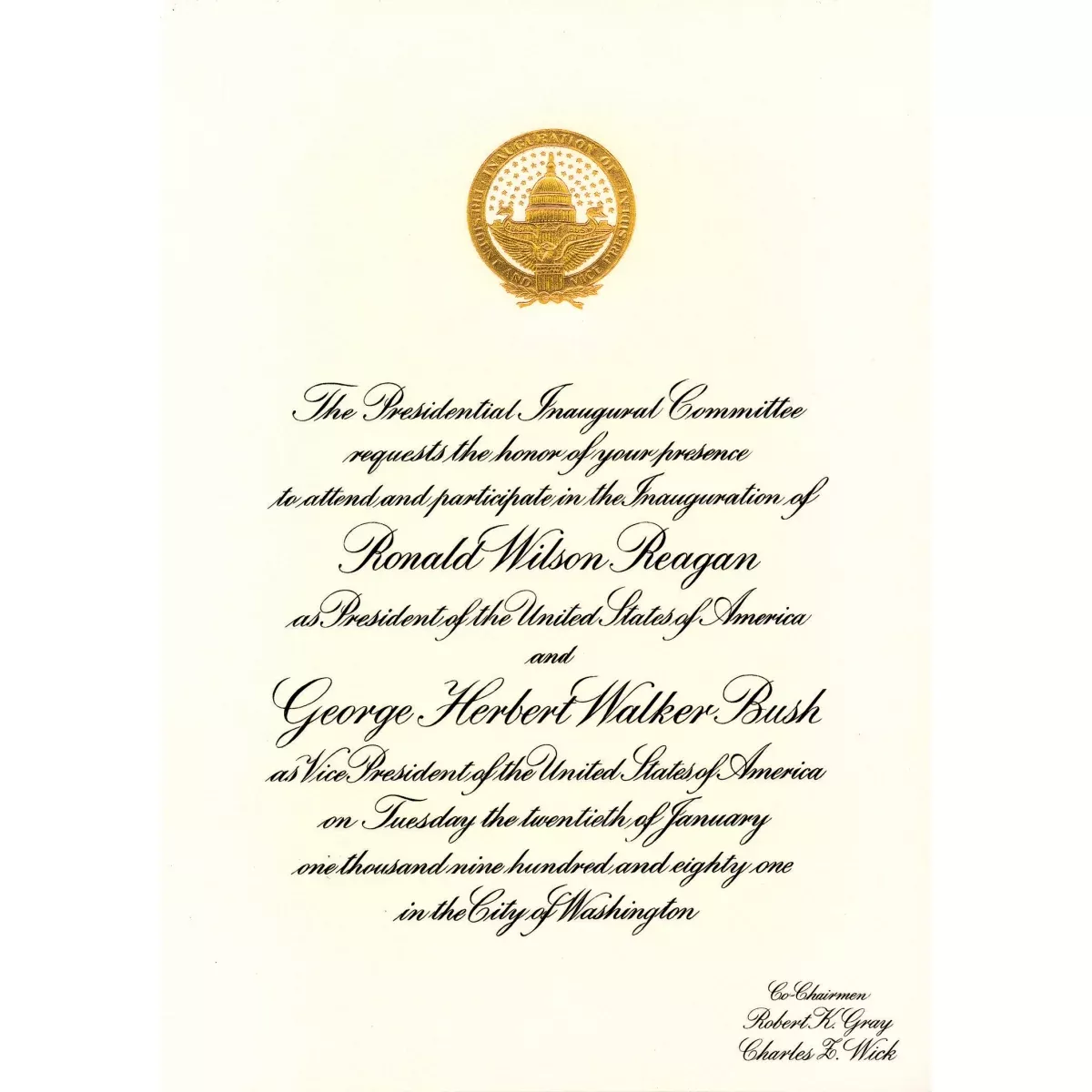 American Coin Treasures Official Ronald Reagan First Presidential Inauguration Invitation