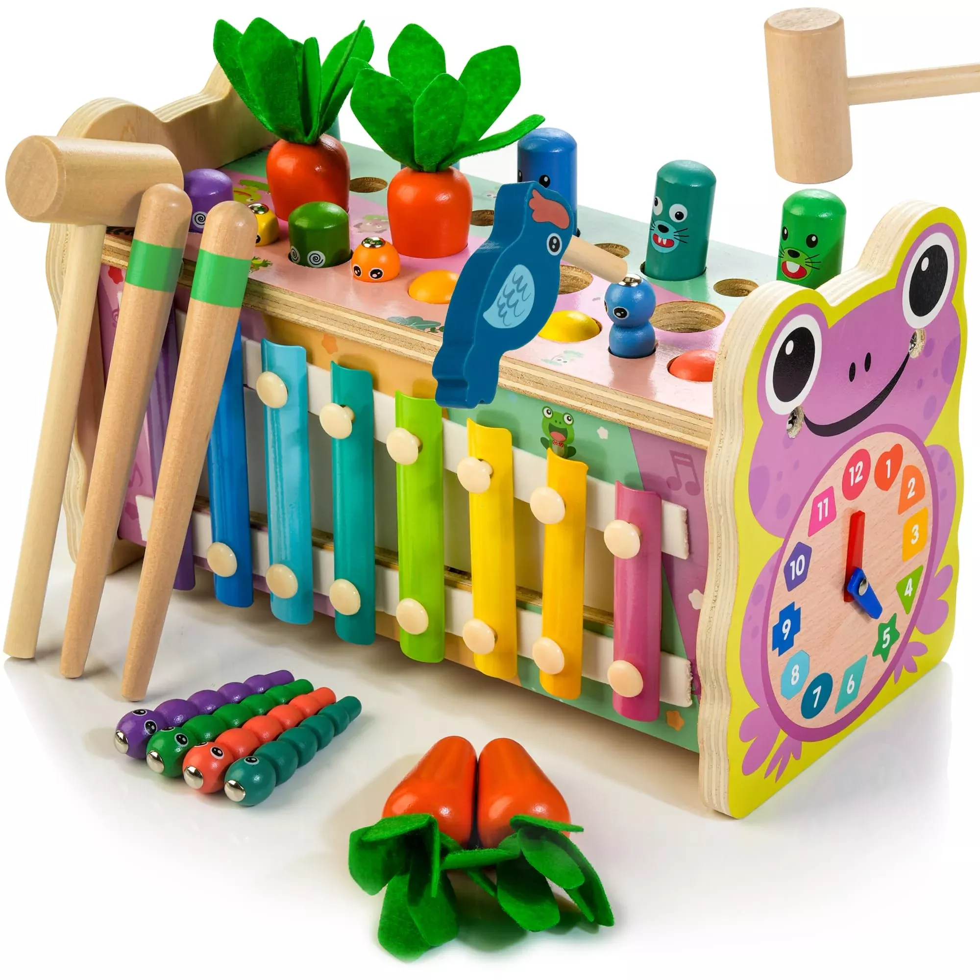 Amtreen 6-in-1 Wooden Toy Set for 1+ Year Olds, Pink