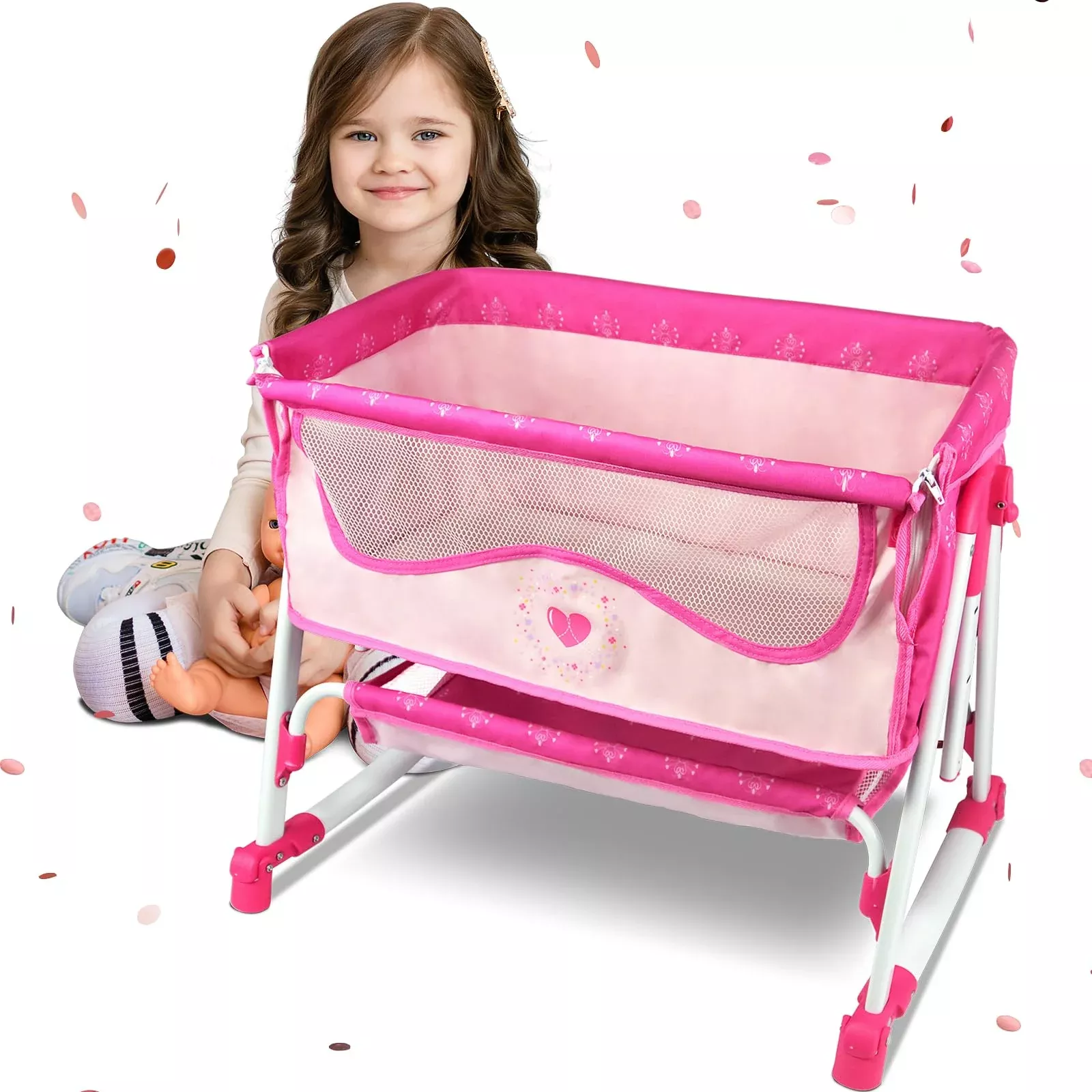 ANIVIA Doll Bed for 18'' Dolls, Pink and White, 20.5