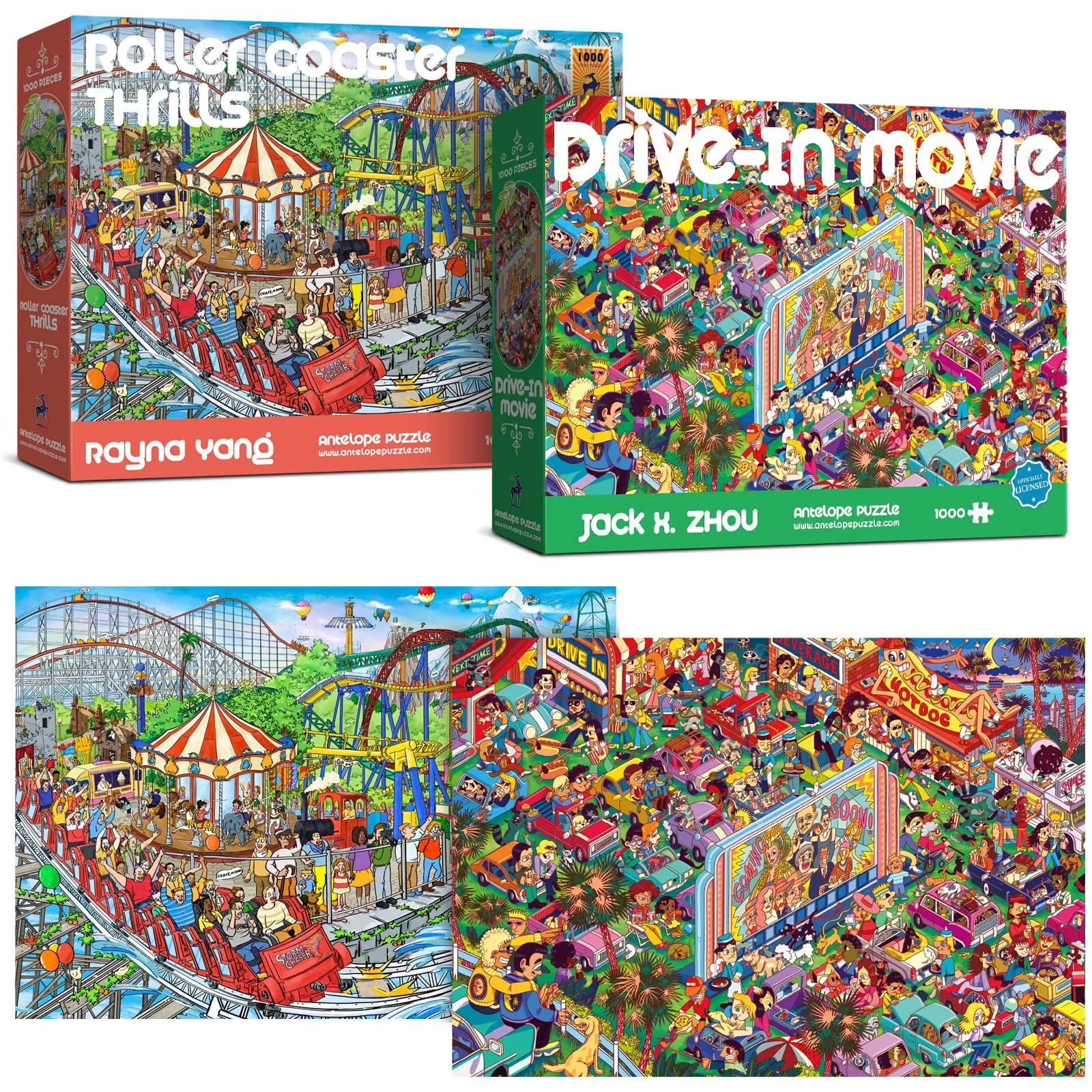 ANTELOPE 1000 Piece Jigsaw Puzzle Drive in Movie + Roller Coaster