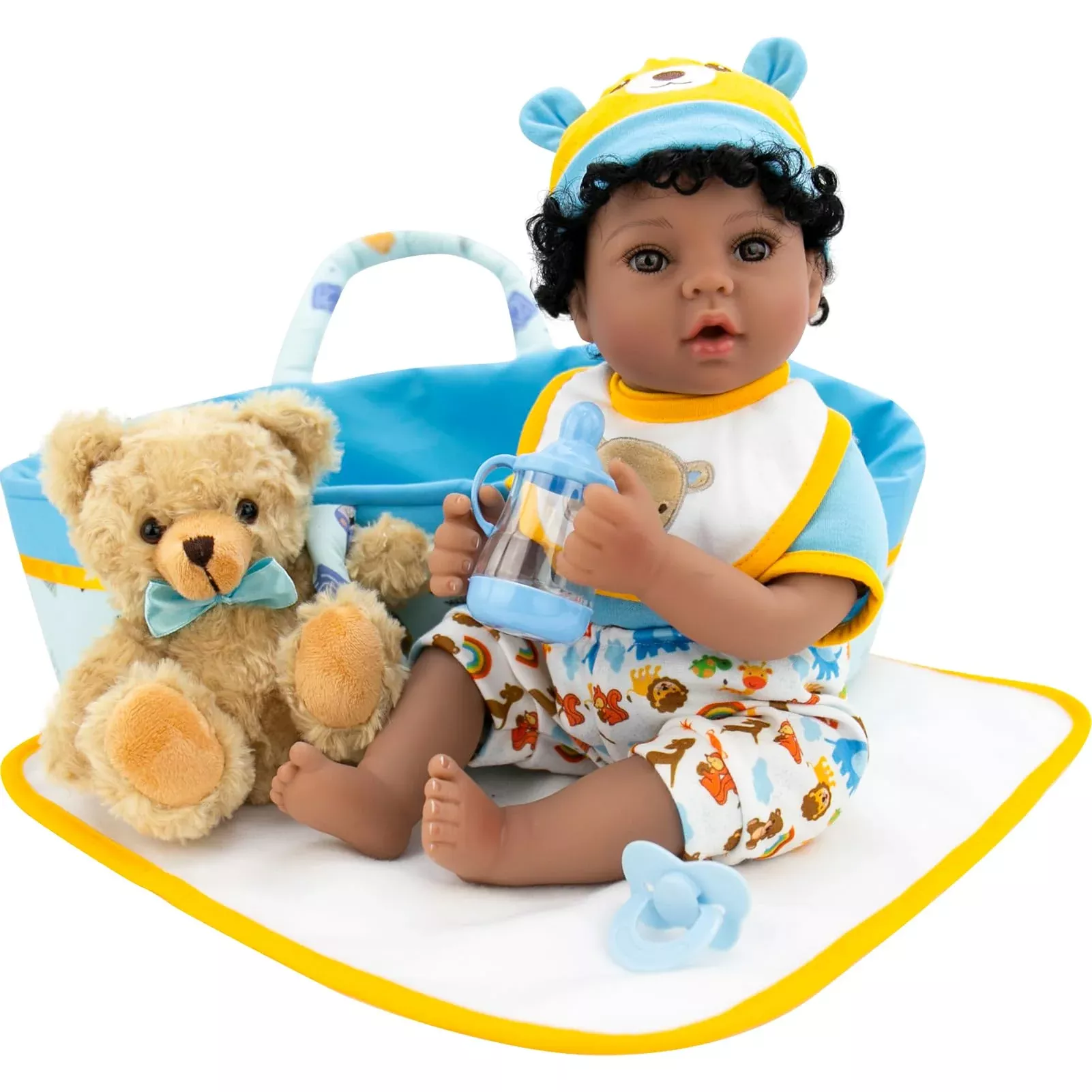 Aori 18" Reborn Baby Doll Set - Biracial Boy with Carrier Bed, Multico