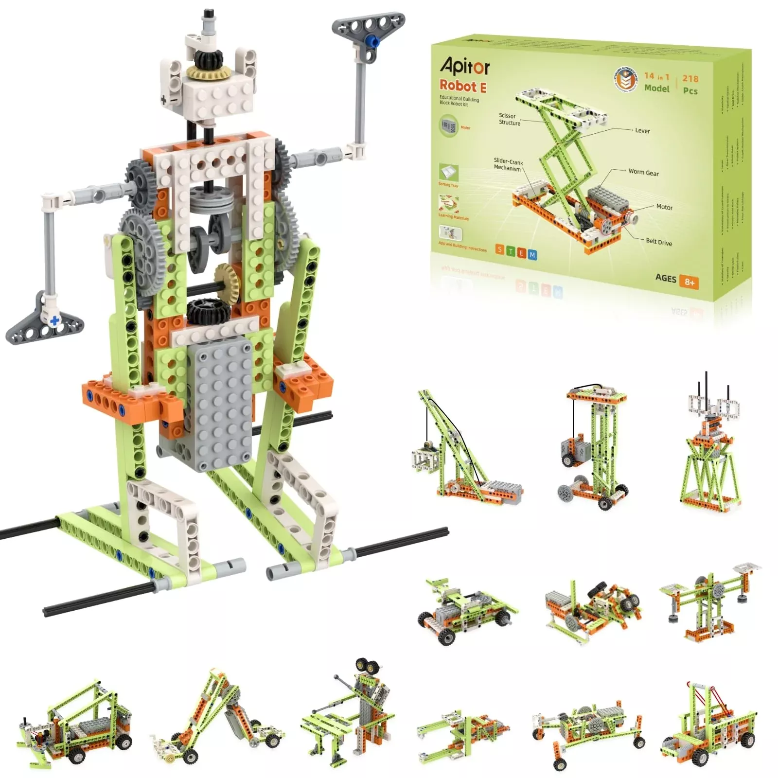 Apitor 14-in-1 STEM Building Set for Kids, Green, 218 Pieces