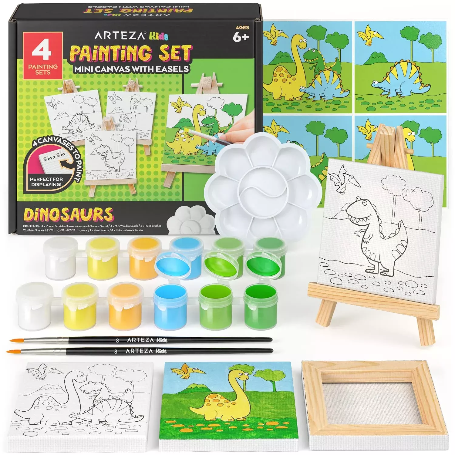 Arteza Kids Painting Kit - Dinosaur Art Set, Small, Assorted, 4 Canv