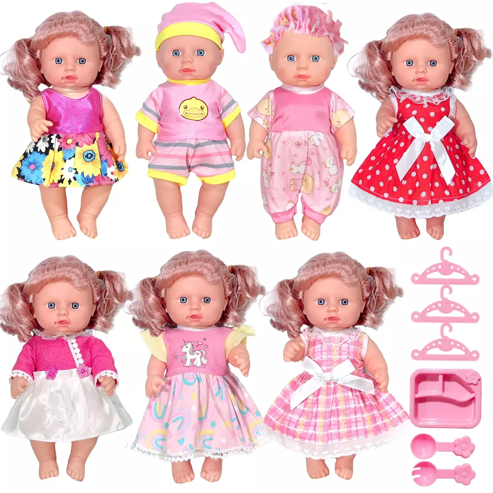 ARTST Baby Doll Clothes Set for 8-10 Inch Dolls, Pink, 7 Pieces