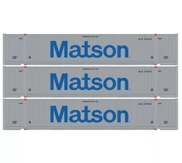 Athearn 1210 HO Scale 53' Jindo Intermodal Container Matson MLHU 3-Pack