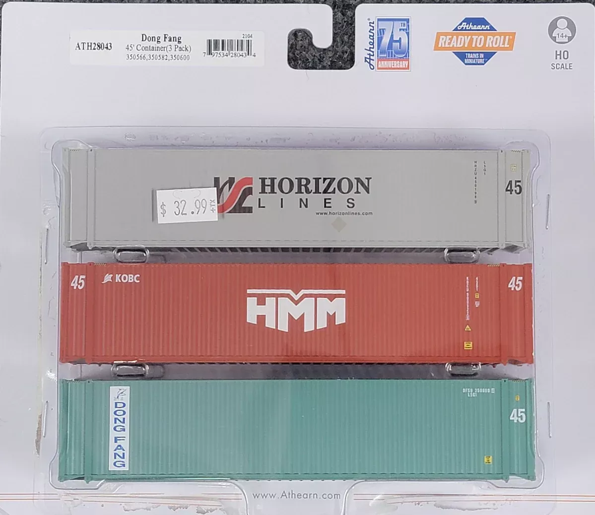 Athearn HO Scale 45' Container Dong Fang HMM and Horizon Lines Mixed 3 Pack
