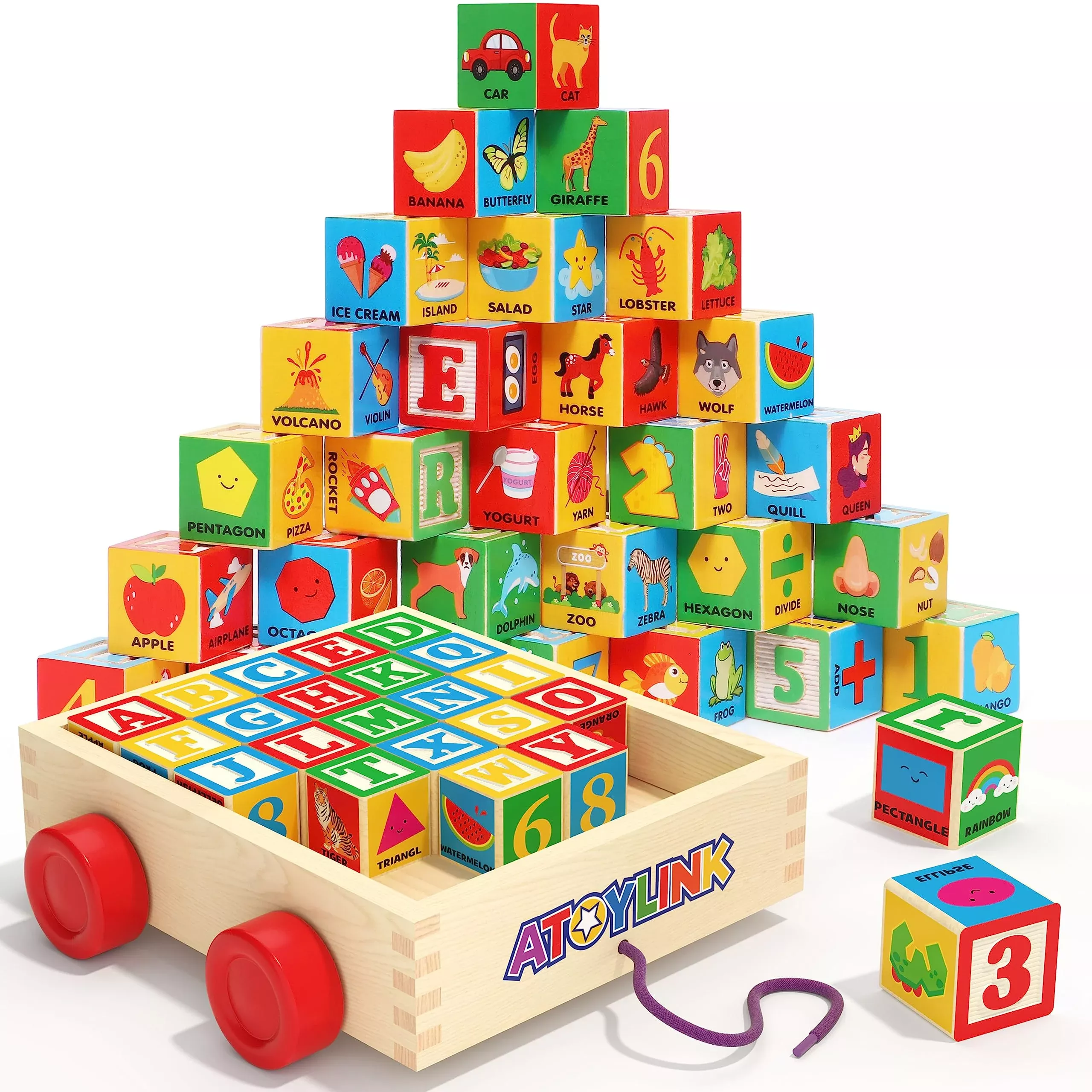 Atoylink Wooden Blocks Pull Toy Set for Kids, Brown, Medium, 30 Pieces