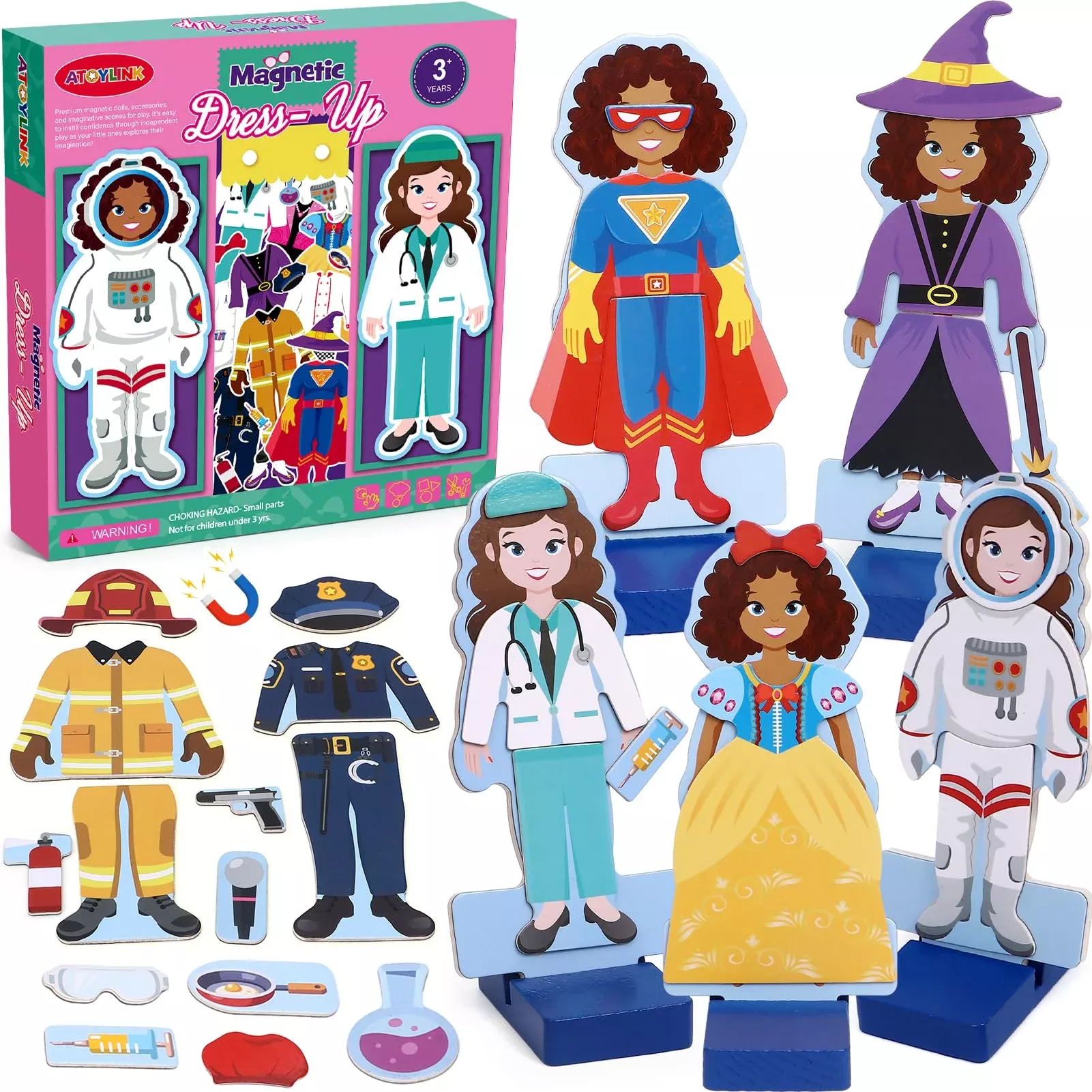 Atoylink Wooden Magnetic Dress Up Doll Set for Girls, Medium, Multi-Color