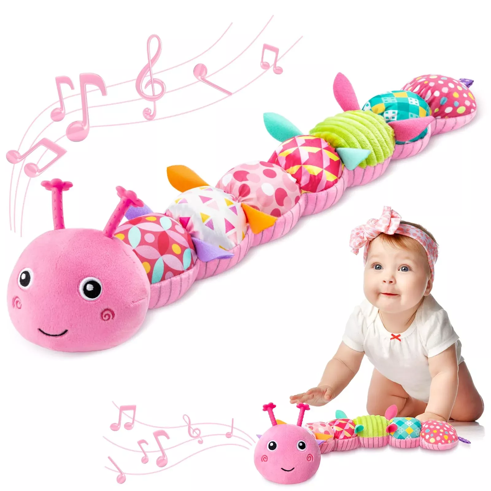 AWOTOY Musical Caterpillar Toy for Babies - Pink, Interactive Growth Tracker