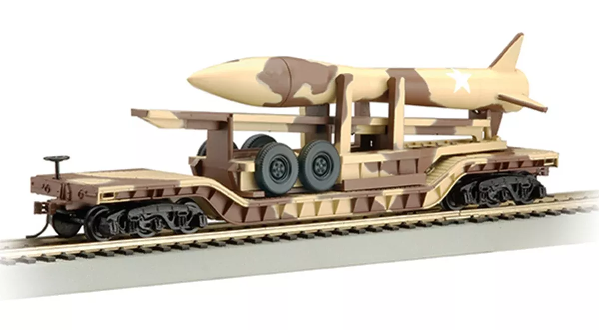 Bachmann 18340 HO Scale 52' Heavy Duty Depressed Center Flatcar with Missle - Desert Camo