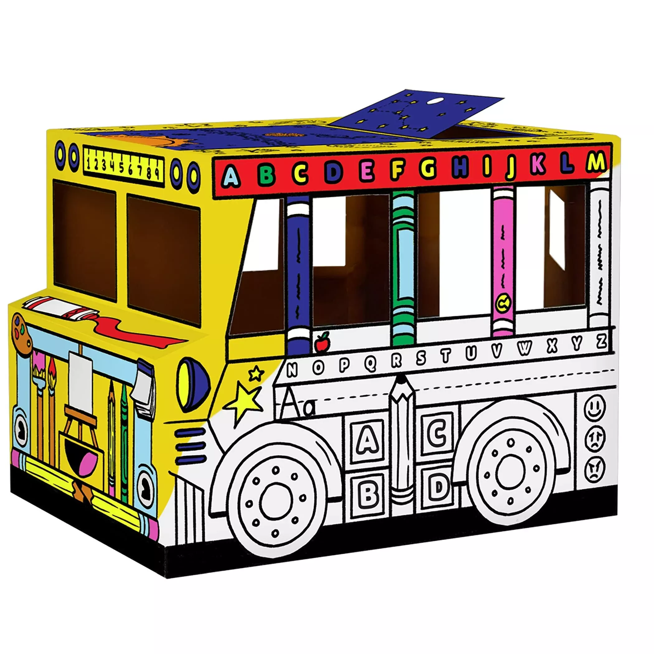 Bankers Box Cardboard Playhouse - Yellow School Bus Design, Large Size