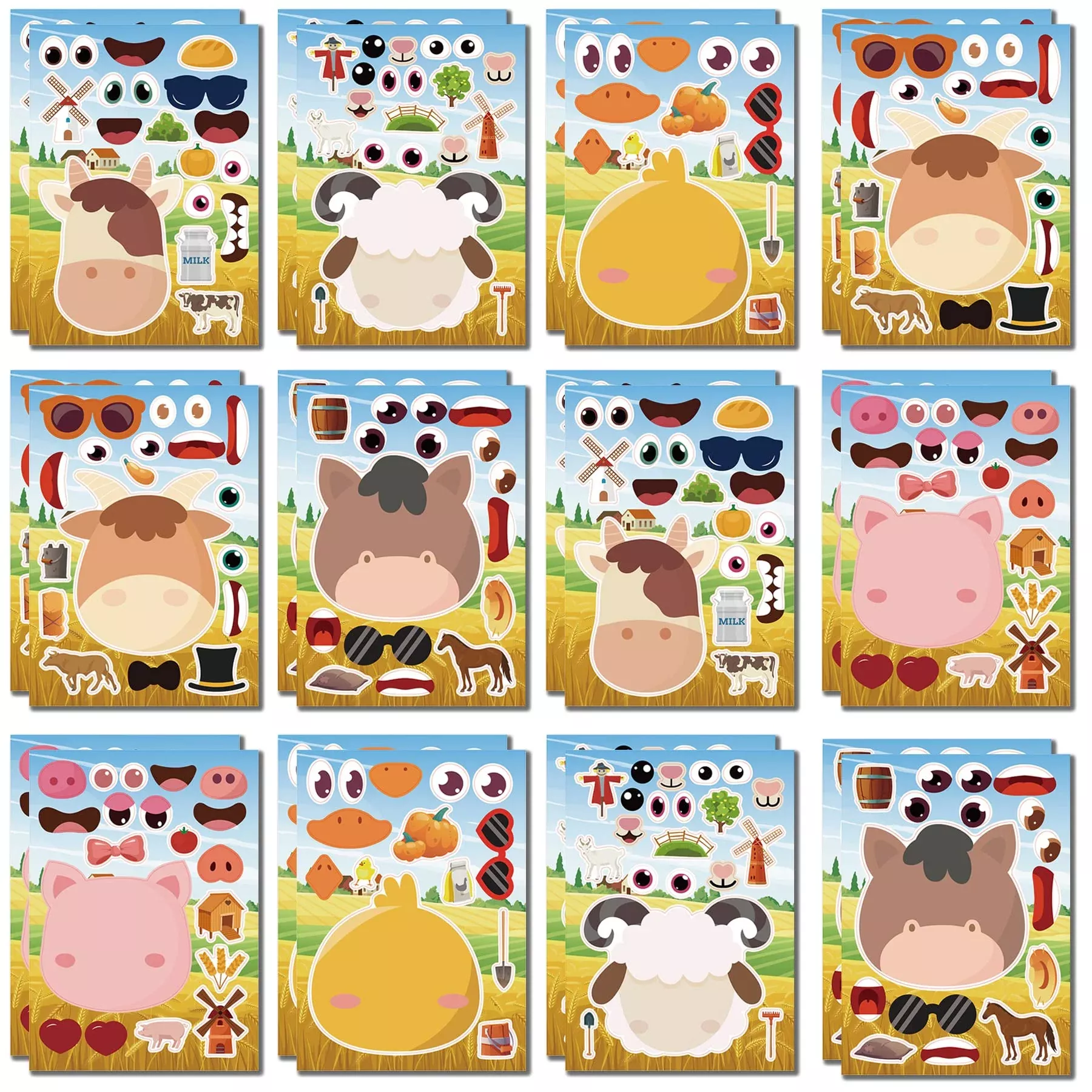BBPOOL Farm Animals Stickers - 24 Sheets DIY Face Stickers for Kids, C
