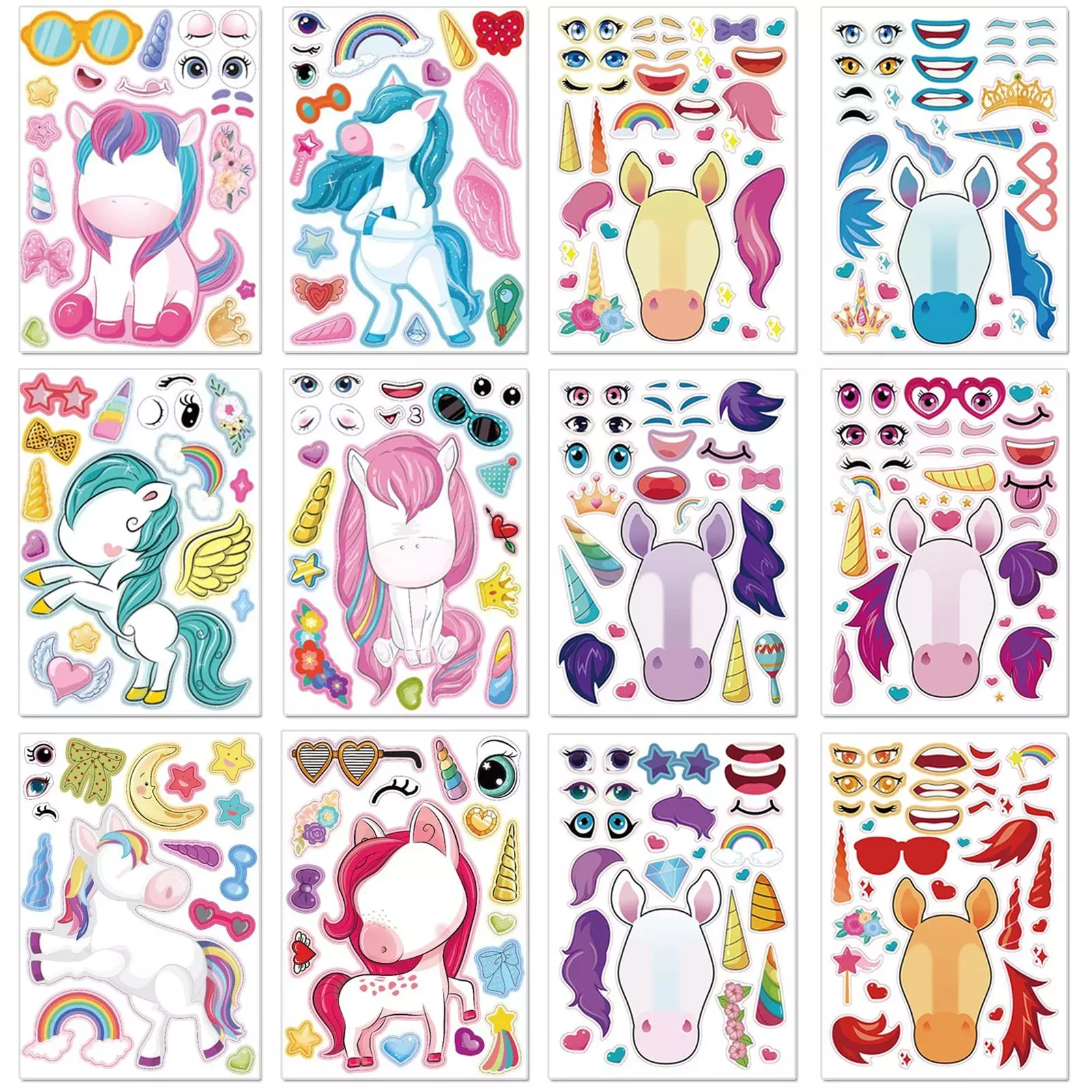 BBPOOL Make a Face Unicorn Stickers for Kids, 24 Sheets, Multicolor