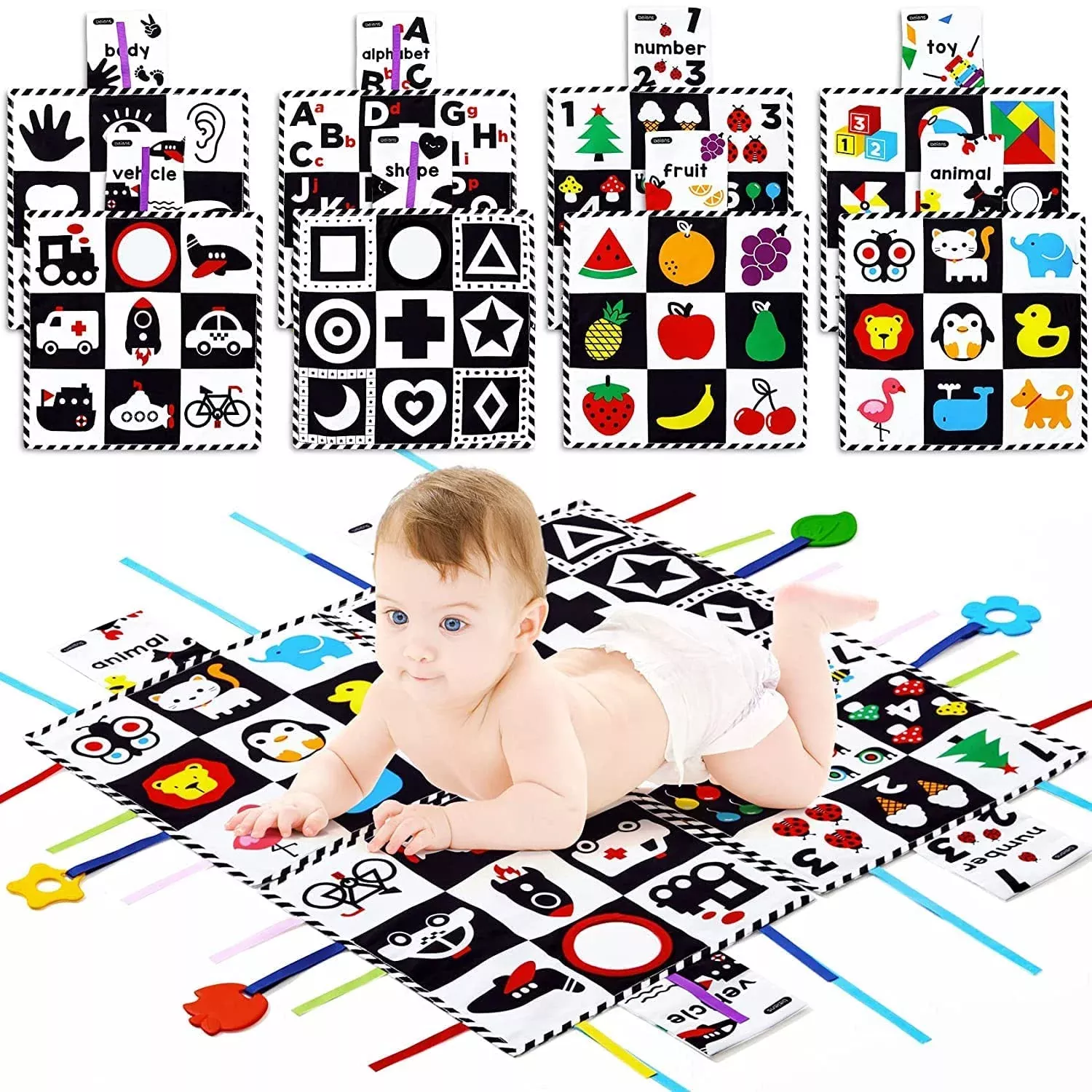 Beiens Baby Toys 0-6 Months, Tummy Time Crinkle Toys With Mirror, Blac