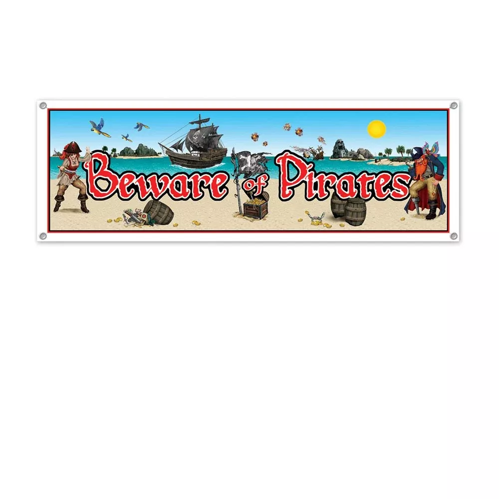 Beistle Party Decoration Beware Of Pirates Sign Banner 5' X 21'- Pack Of 12