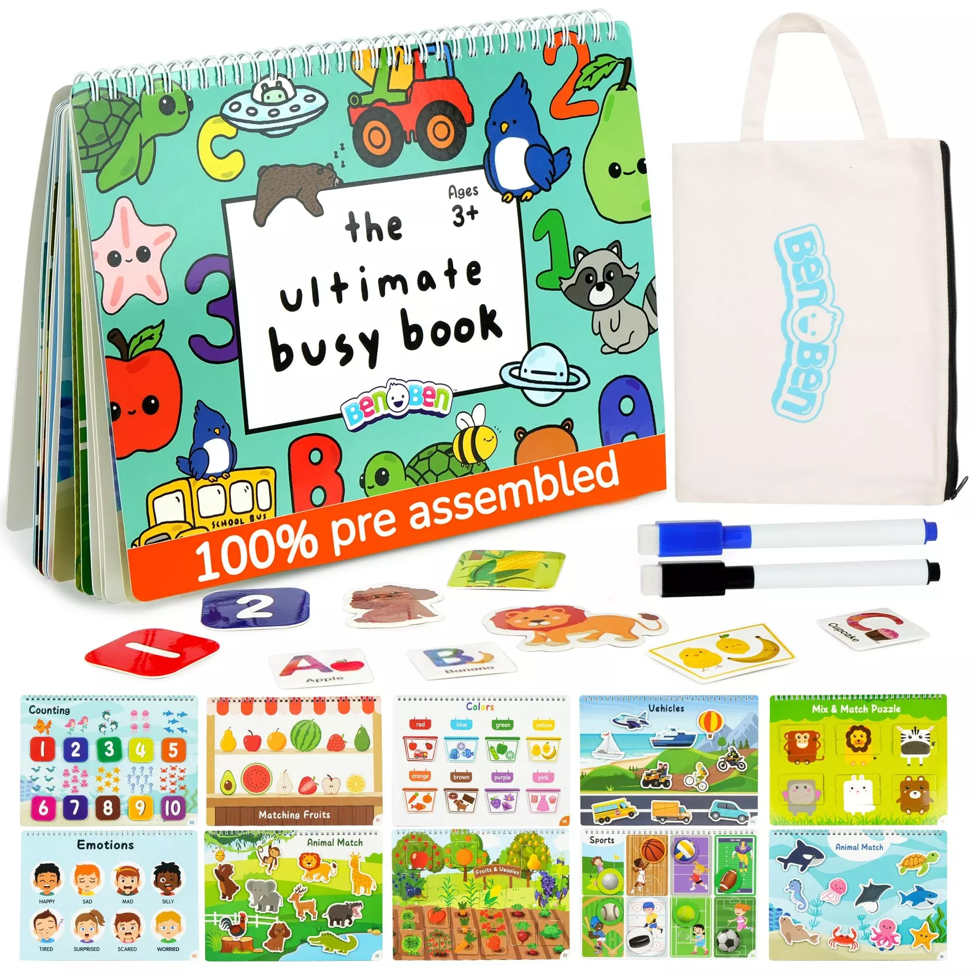 BenBen Busy Book for Toddlers, 30 Activities, Brown, Medium Size