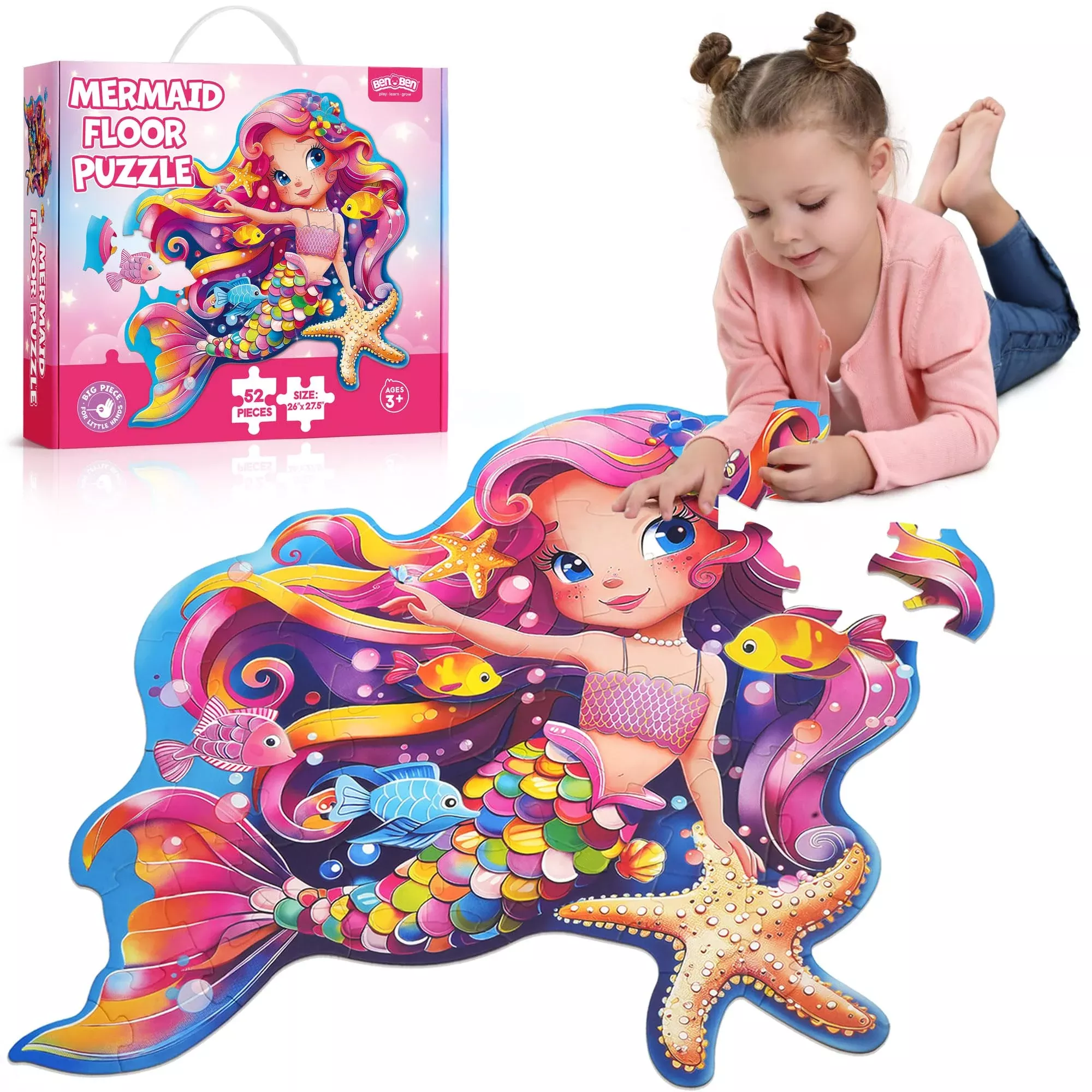 BenBen Mermaid Floor Puzzle 52 Large Pieces 26"x27.5" Pink