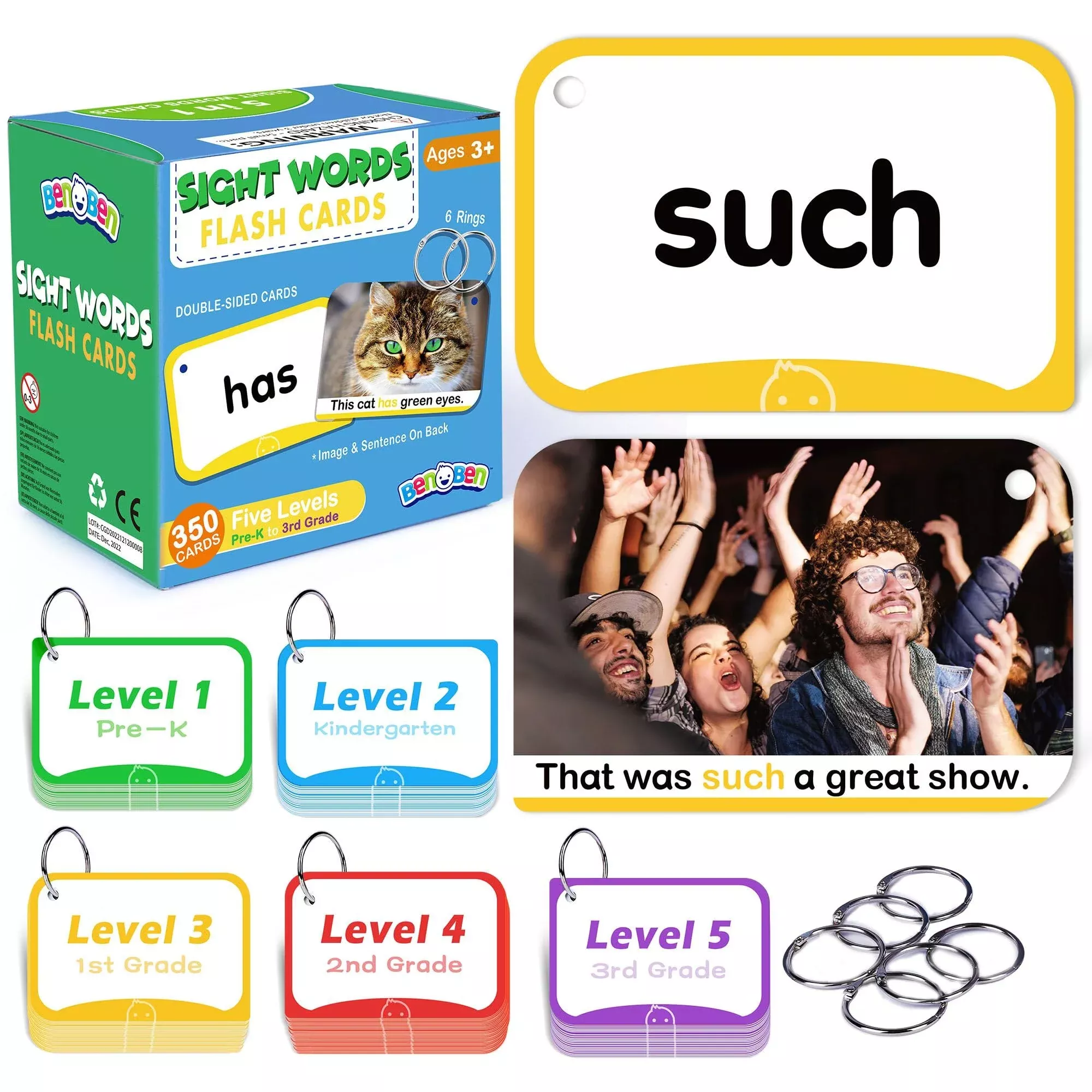 BenBen Sight Words Flash Cards for Preschool to 3rd Grade, 350 Cards