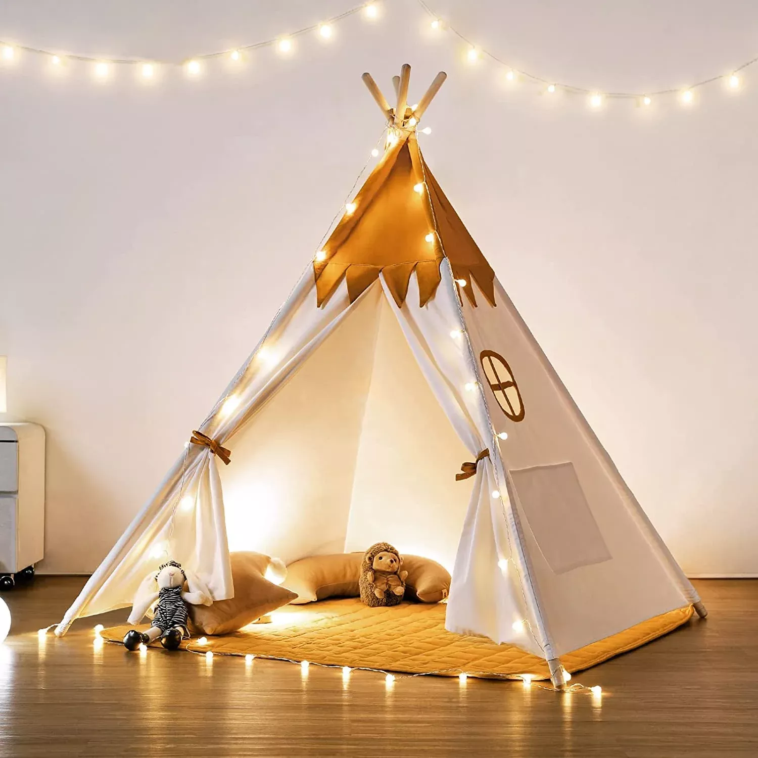 Besrey Kids Teepee Tent with LED Lights, Yellow, 47.7" x
