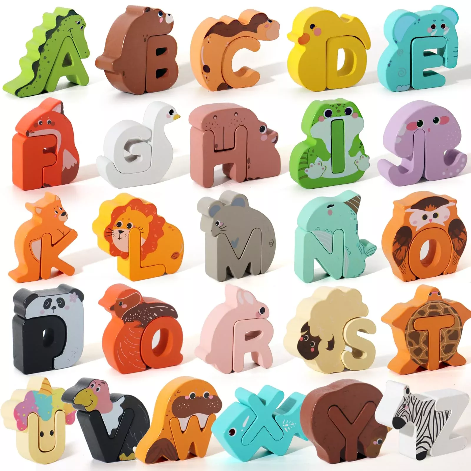 BESTAMTOY Alphabet Puzzle for Kids, 26 Wooden Animal Blocks, Multicolor