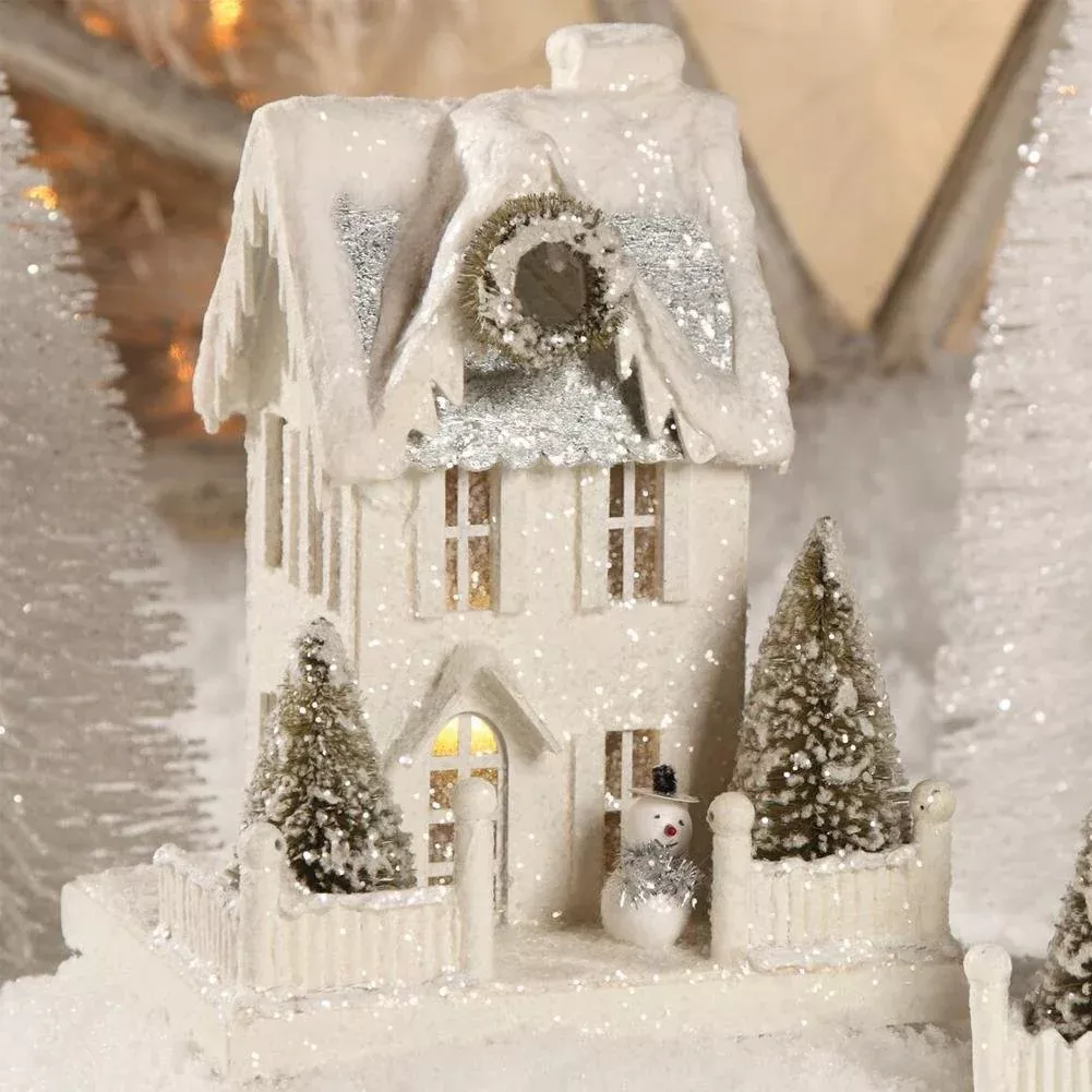 Bethany Lowe 9" Wintery White Tall Putz House with Snowman - Paper Chr