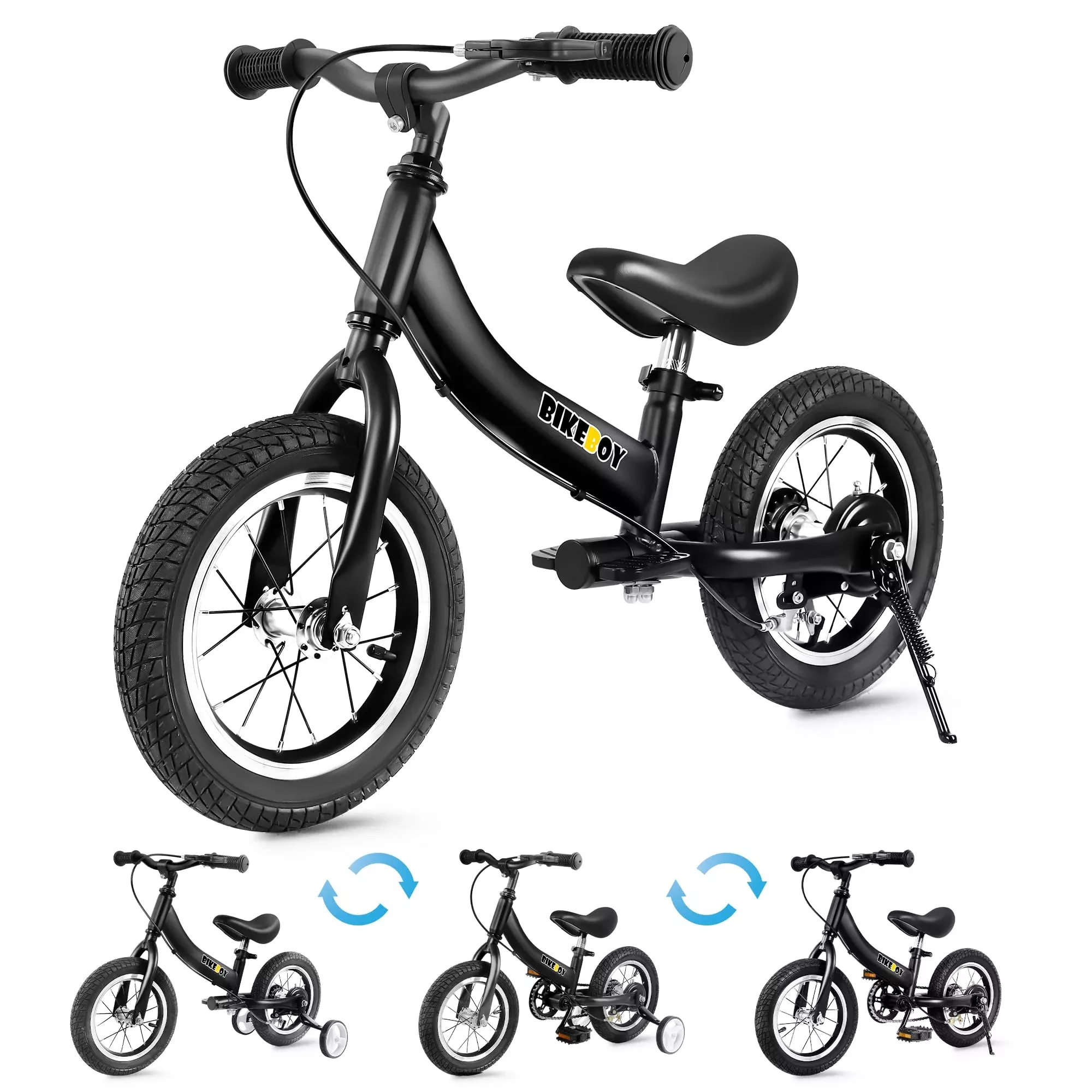 bikeboy Balance Bike 2 in 1 for Kids, 12 Inch, Black, Metal, Model 202