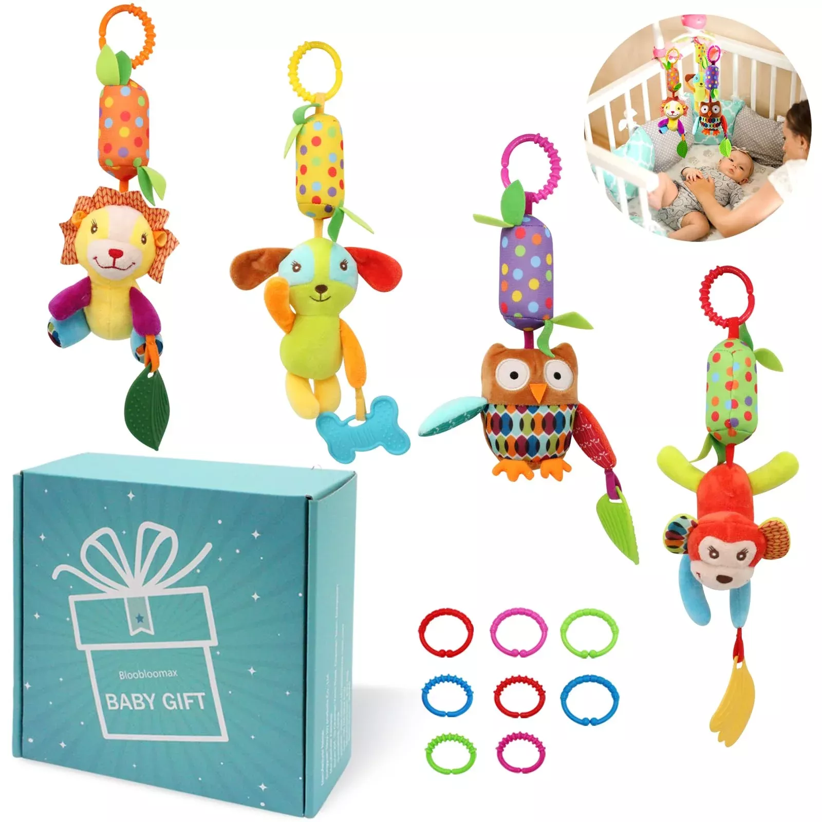 BLOOBLOOMAX Baby Crib Toys Plush Rattle Set with C-Clips,
