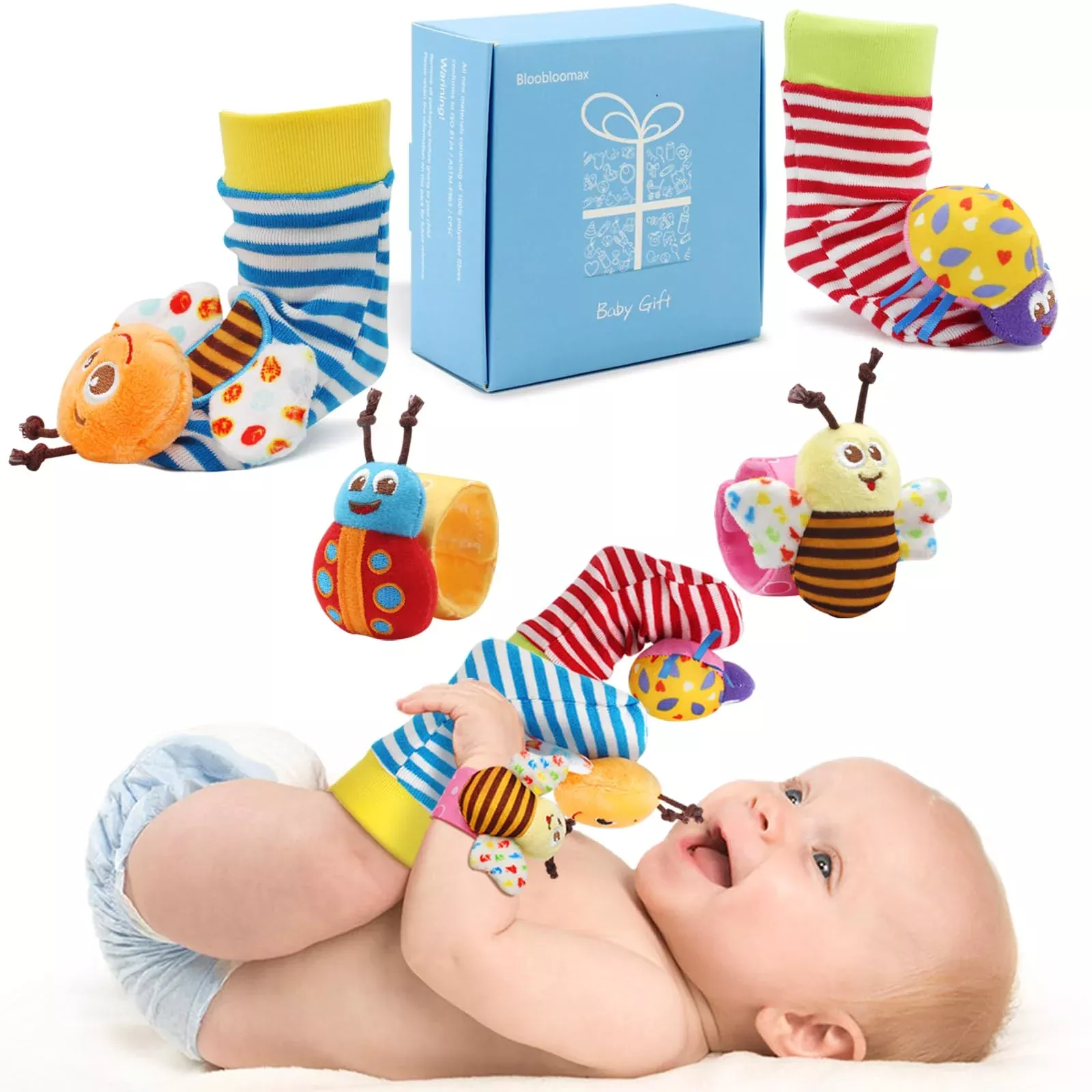 BLOOBLOOMAX Wrist Rattles Foot Finder Socks Baby Toy Light Blue 4