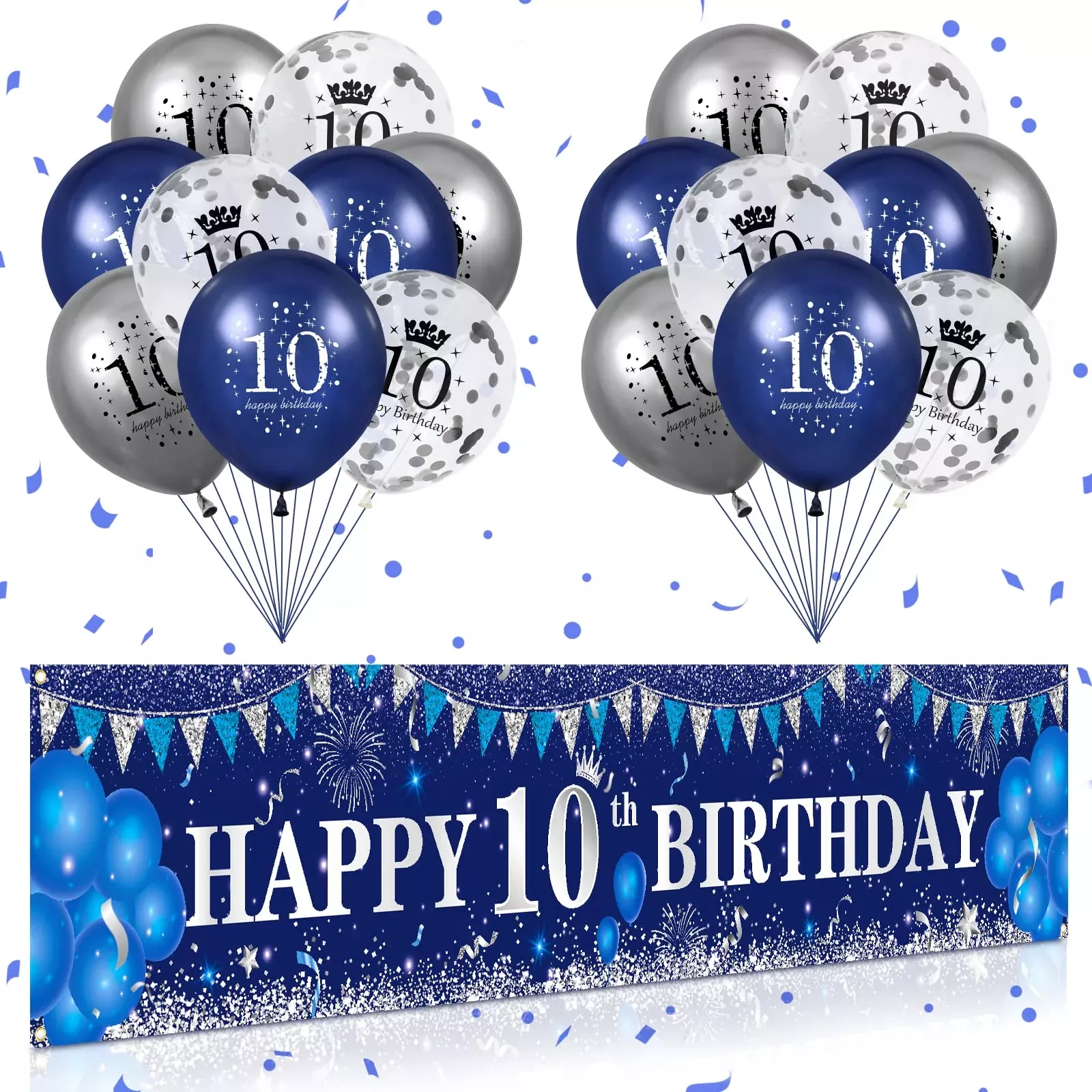 Blue 10Th Birthday Decorations For Boys Girls, Navy Blue Silver Happy