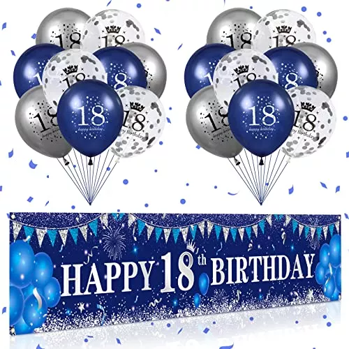 Blue 18Th Birthday Decorations For Boys Girls, Navy Blue Silver Happy