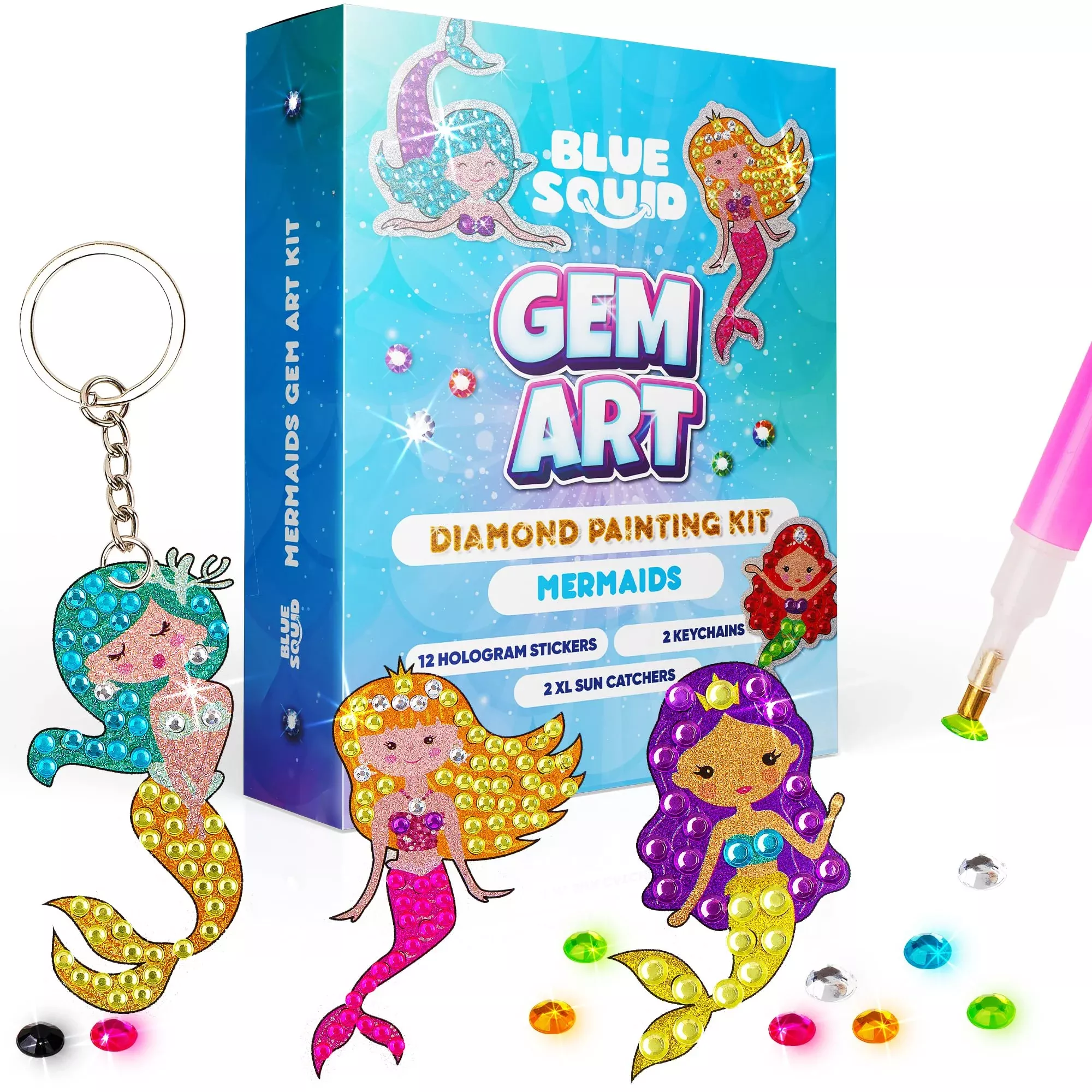 Blue Squid Gem Art Kit for Kids - Mermaid Edition - Blue - 1500+ Gems