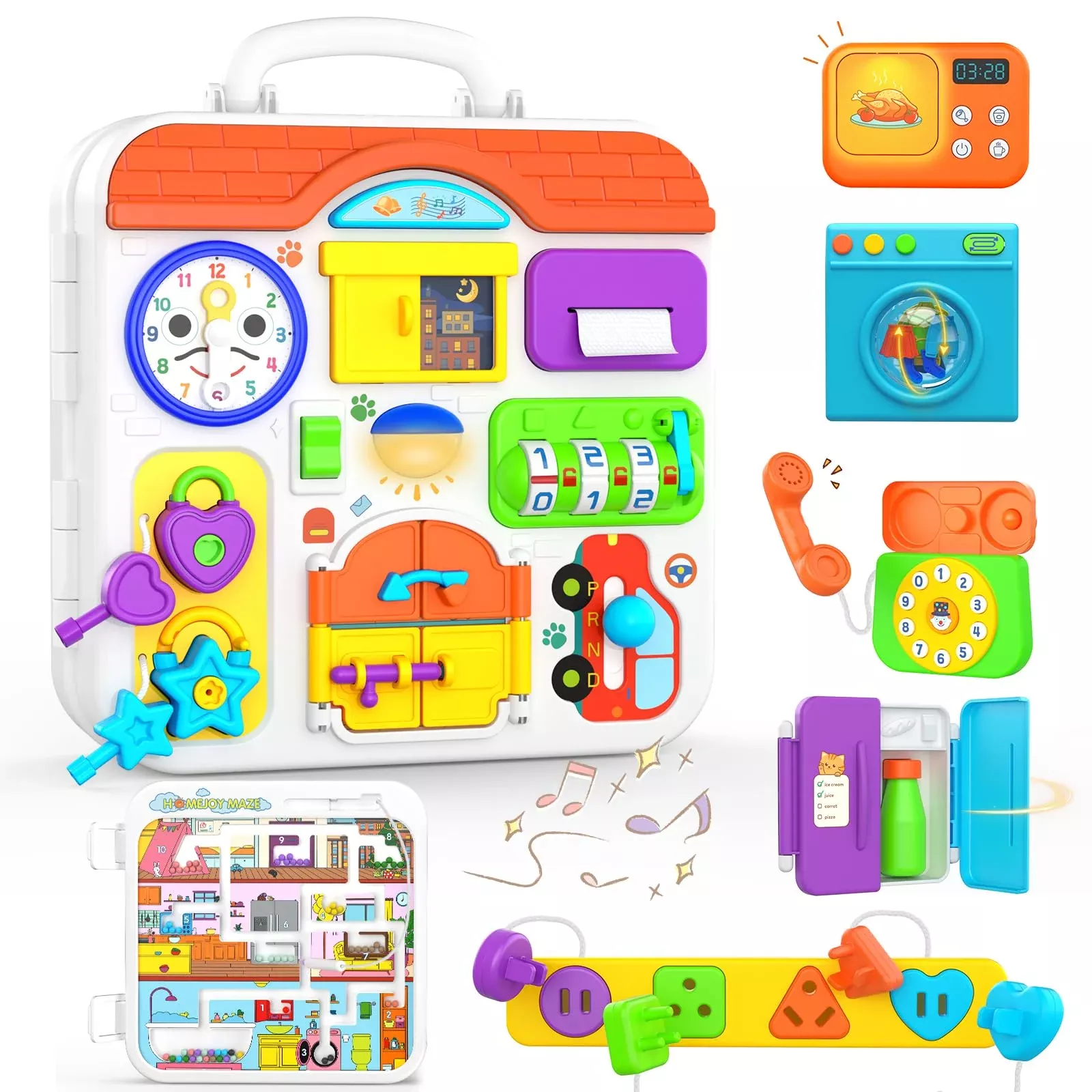 BQU Montessori Musical Busy Board - 15-in-1 Educational Toy for 1-2 Ye