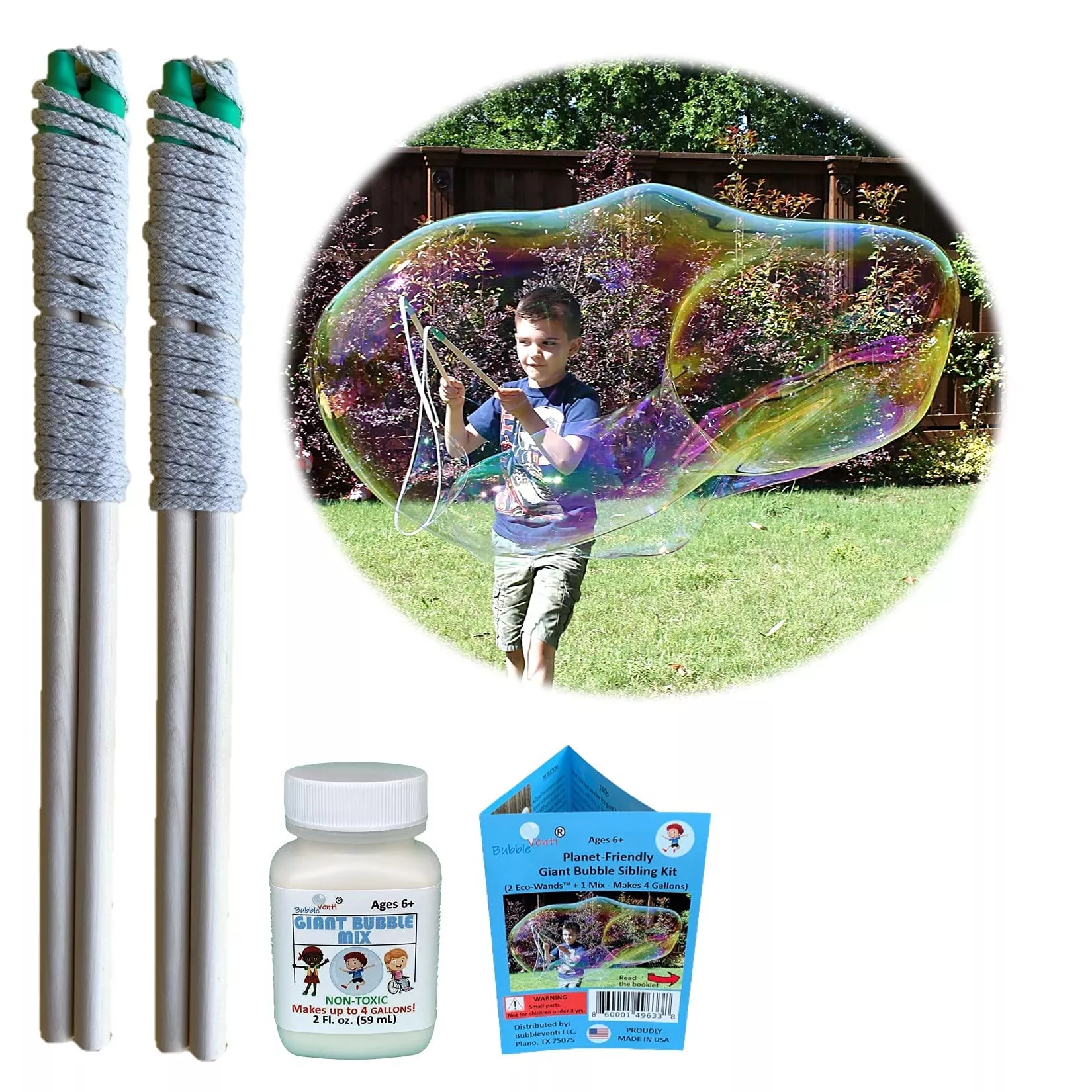 Bubbleventi Giant Bubble Kit - Includes 2 Wooden Wands, Tips Booklet,