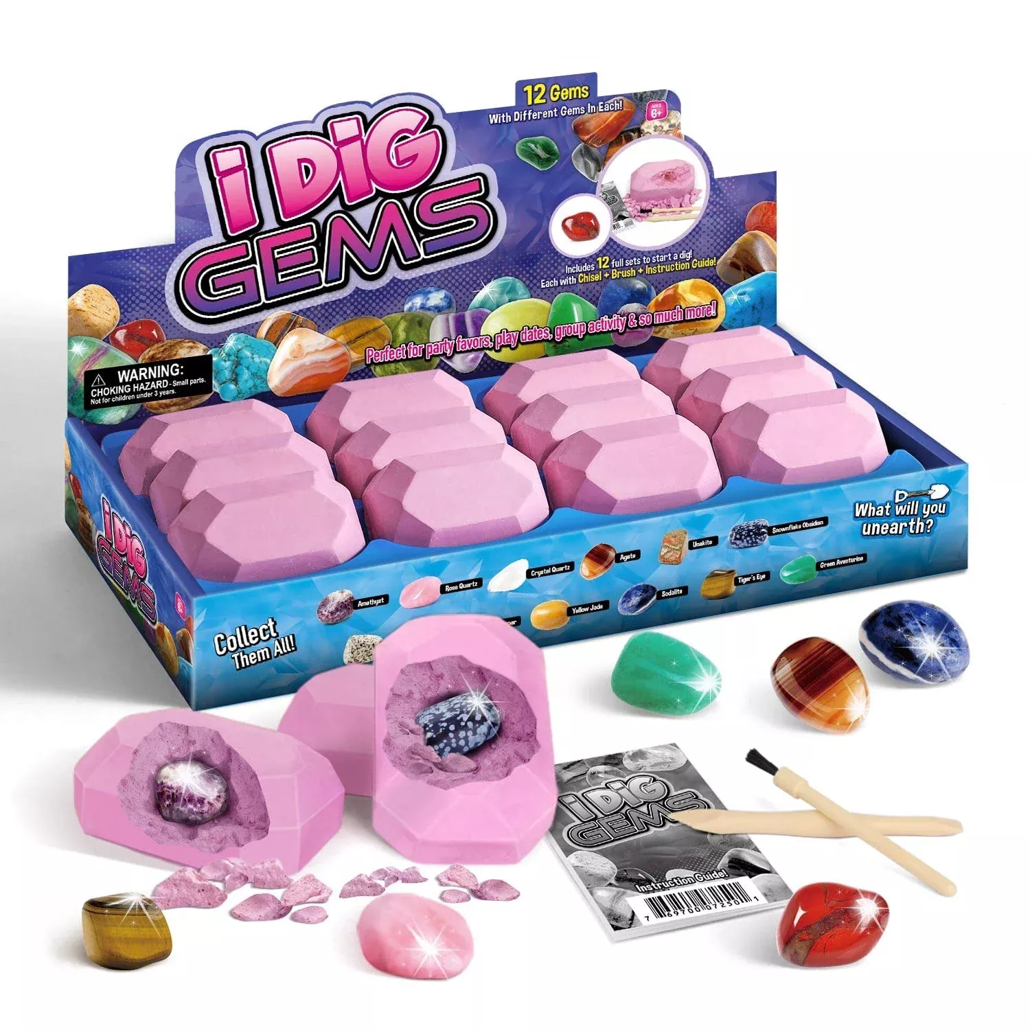 Byncceh Gemstone Dig Kit - Excavation Kit for Kids - 12 Real Gems & Cr