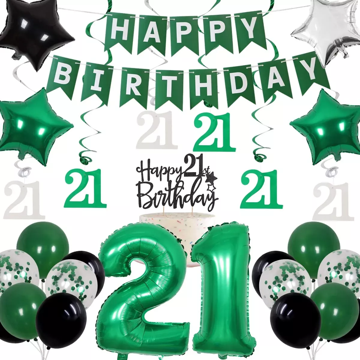 Cheereveal 21st Birthday Decorations Set, Green & Silver, 28 Pieces
