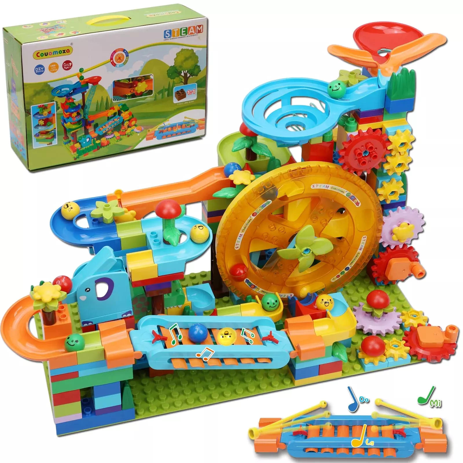 COUOMOXA 233PCS Marble Run Track Set Classic Color for STEM Learning