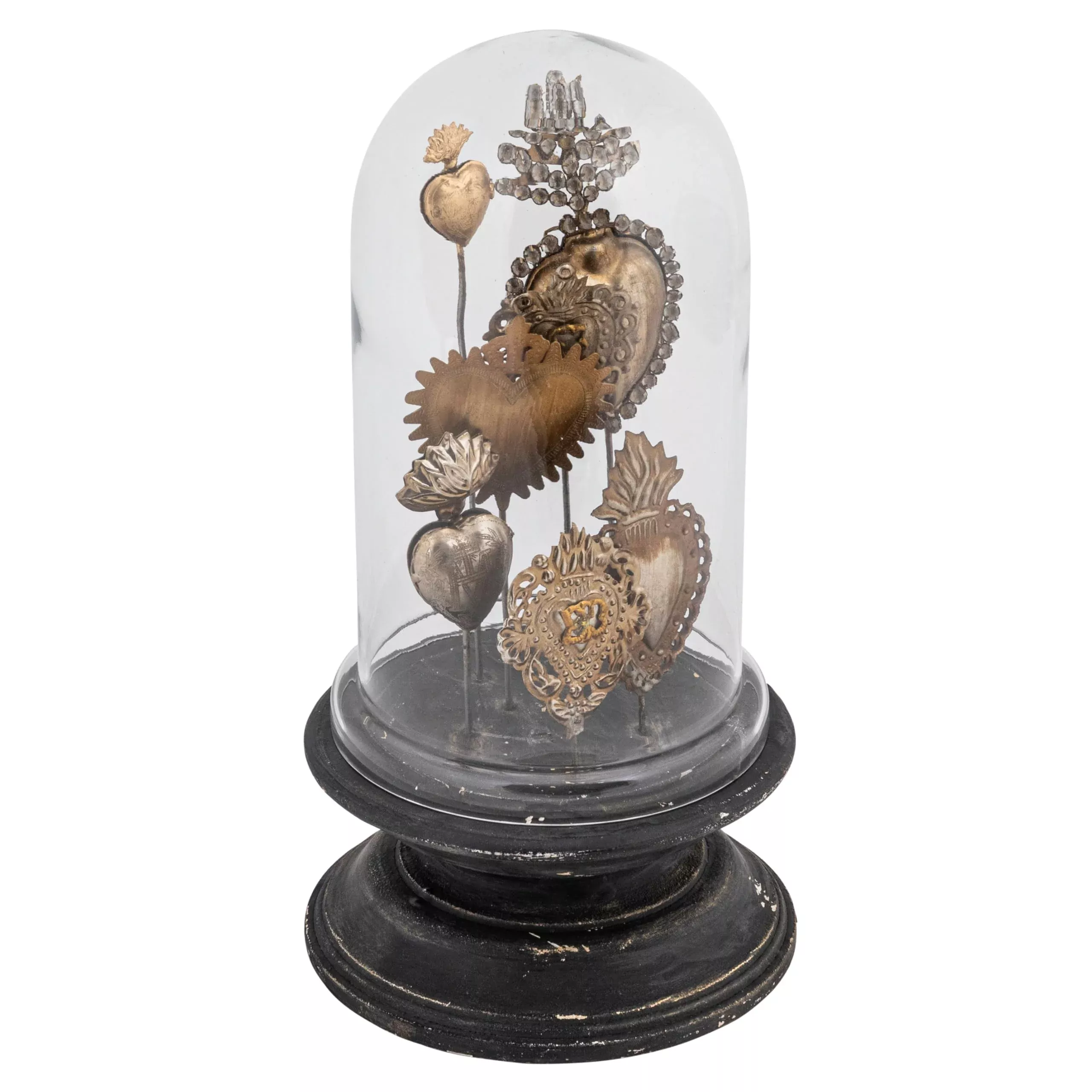 Creative Co-Op Decorative Tin Sacred Hearts on Wood Pedestal with Glas
