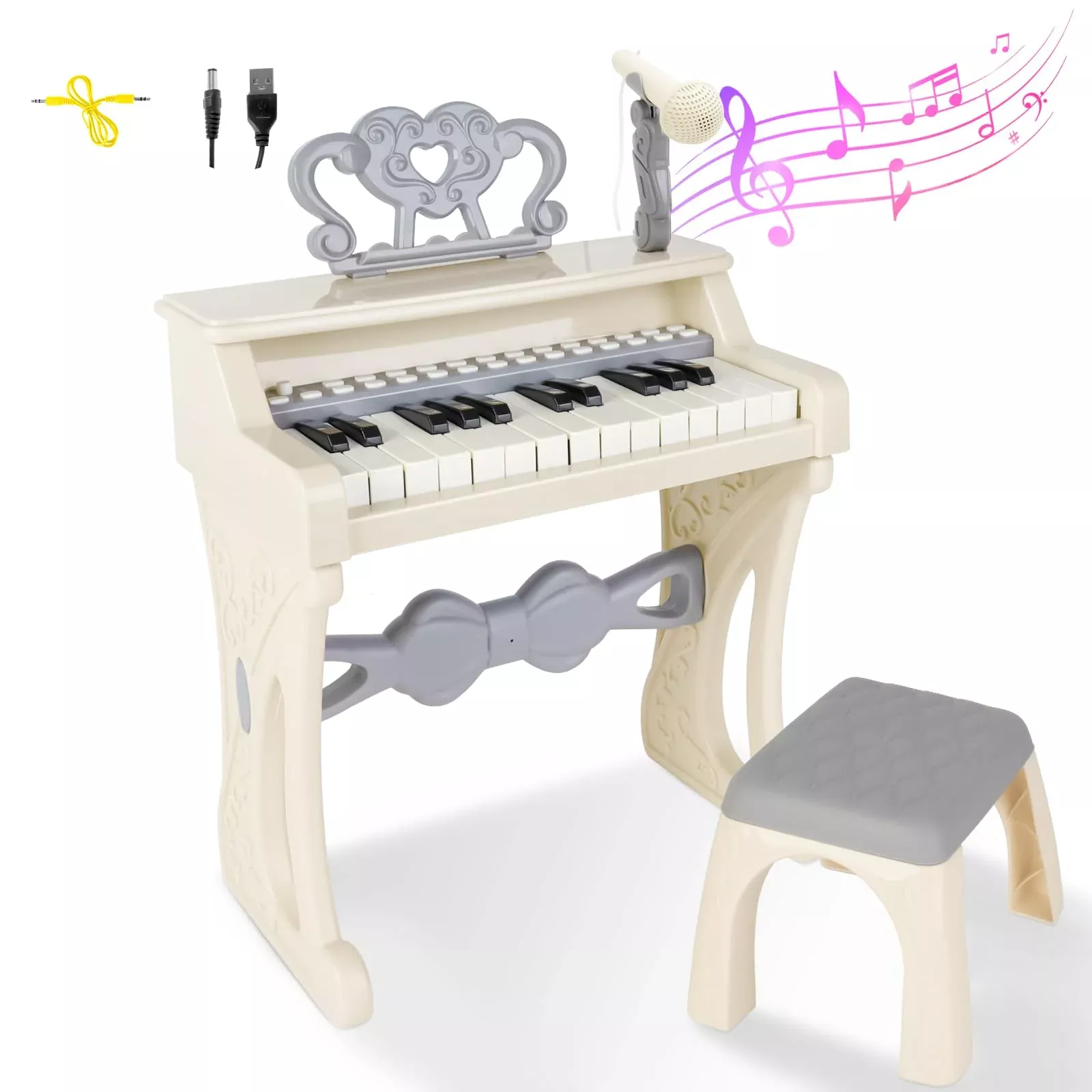 deAO Children's Piano Keyboard Toy - 25 Keys, Microphone, Stool, White